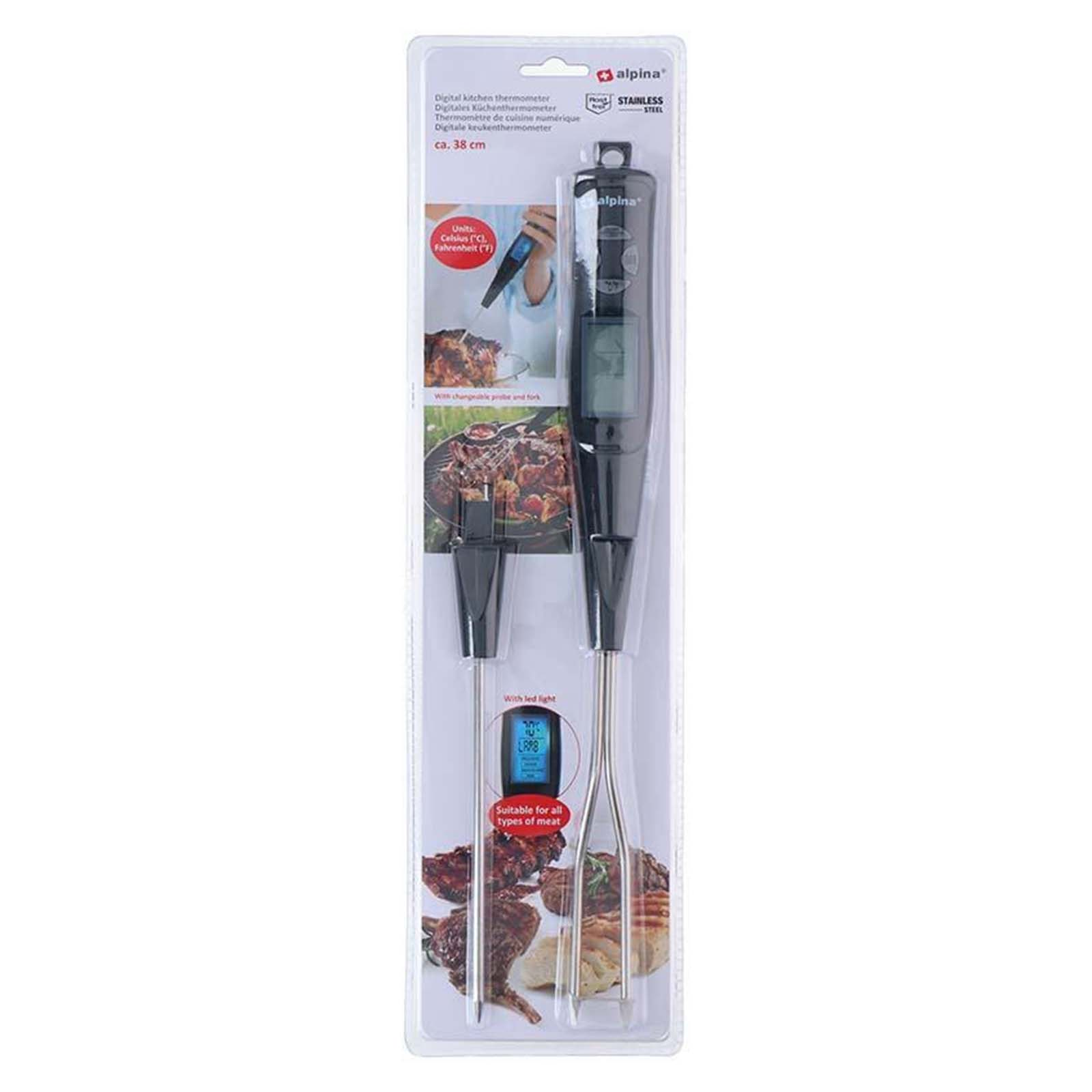 Un termometro da cucina digitale nella confezione. Ha una sonda e una forchetta, adatta per la carne. Marca: Alpina.