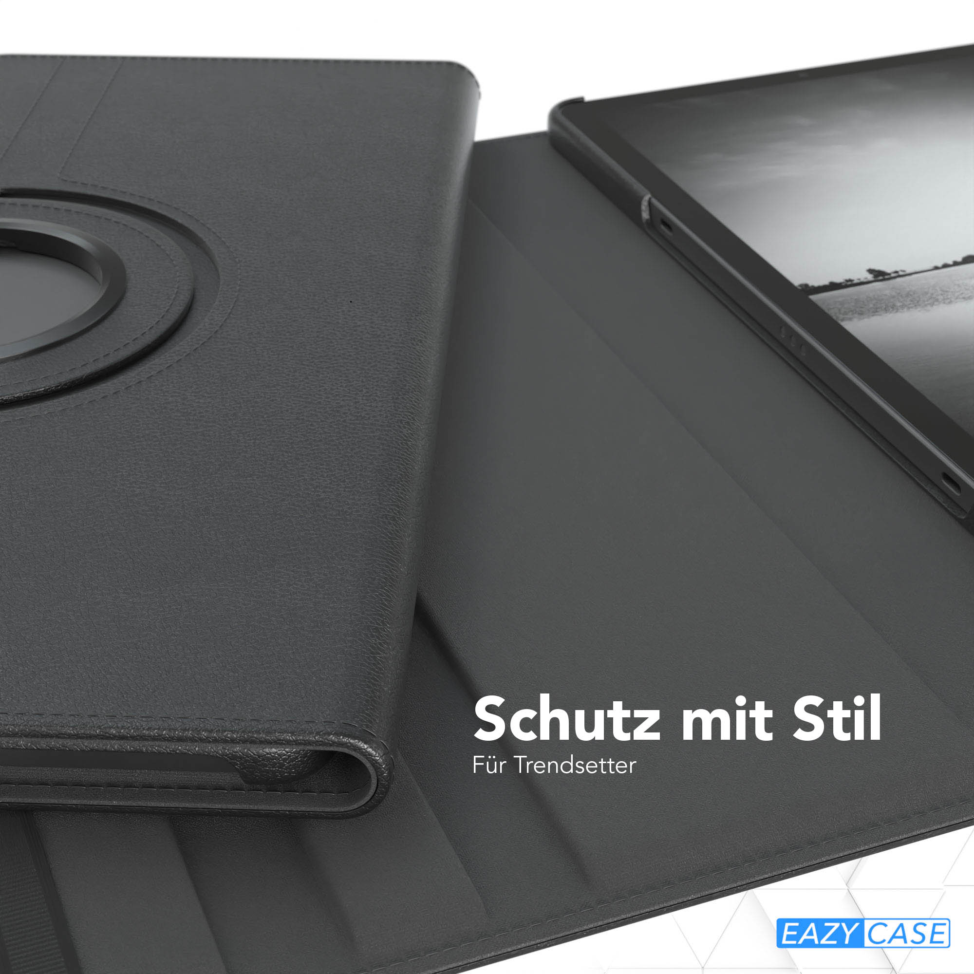 Schwarze Tablettasche mit Tablet darin. Die Hülle ist offen und zeigt einen Bildschirm. Text sagt 'Schutz mit Stil'.