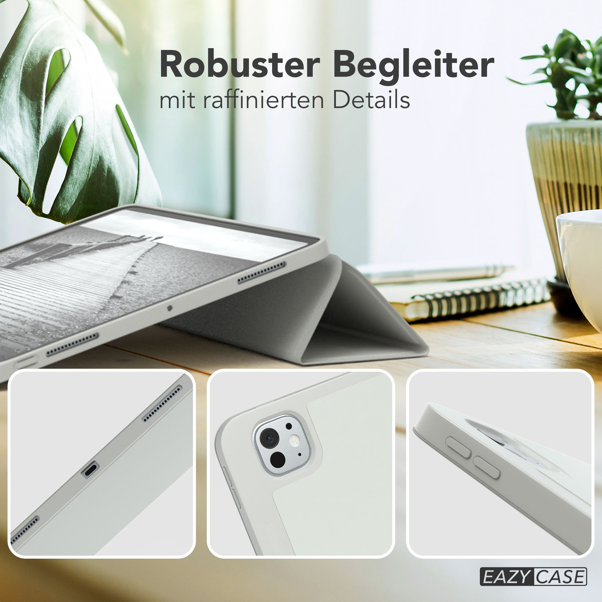 Tablet in einer Hülle auf einem Holztisch mit Pflanzen und einer Tasse. Nahaufnahmen zeigen Hüllendetails.