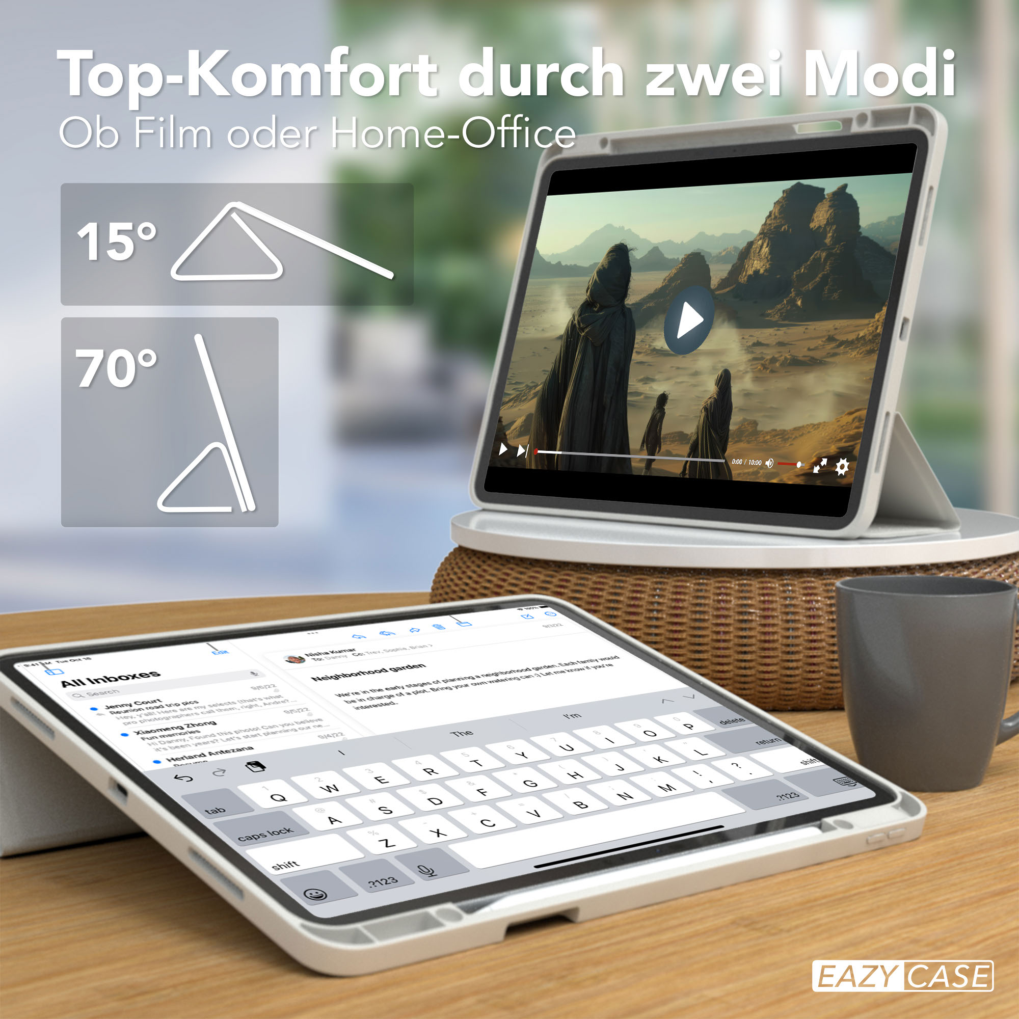 Zwei Tablets auf einem Holztisch. Eines zeigt ein Video, das andere eine Tastatur. Rechts ist eine Tasse.