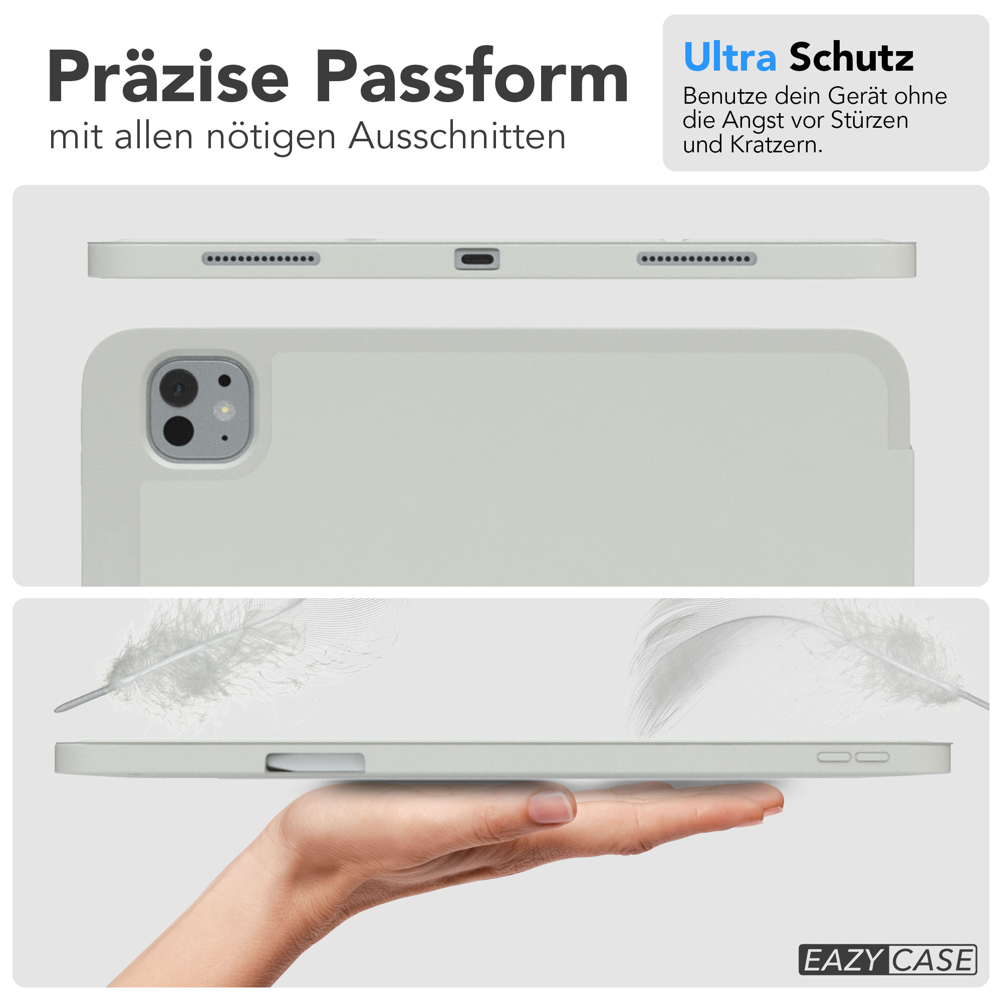 Eine Tablethülle wird von einer Hand gehalten. Die Hülle ist hellgrün mit einem iPad, Text: präzise Passform, Ultra-Schutz, EAZY CASE.