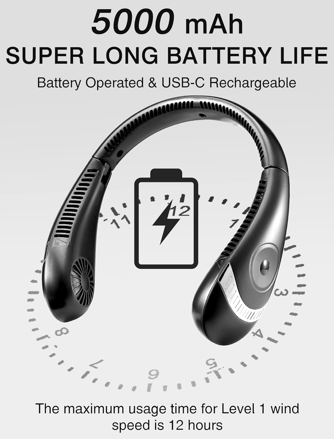 Ein schwarzer Nackenventilator mit Batterieinformationen. Zeigt 5000 mAh, Batterielebensdauer und ein Batteriesymbol. Die maximale Nutzungszeit beträgt 12 Stunden.