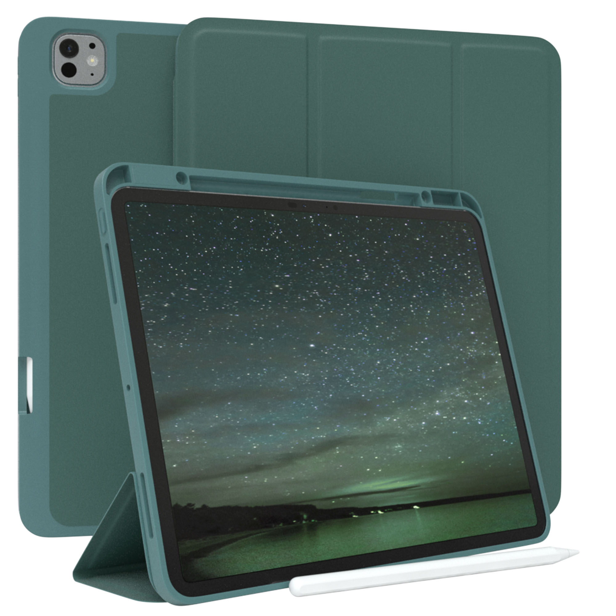 Grünes Tablet in einer Hülle, mit einem Bildschirm, der eine Sternennachtszene zeigt, und einem weißen Stift.