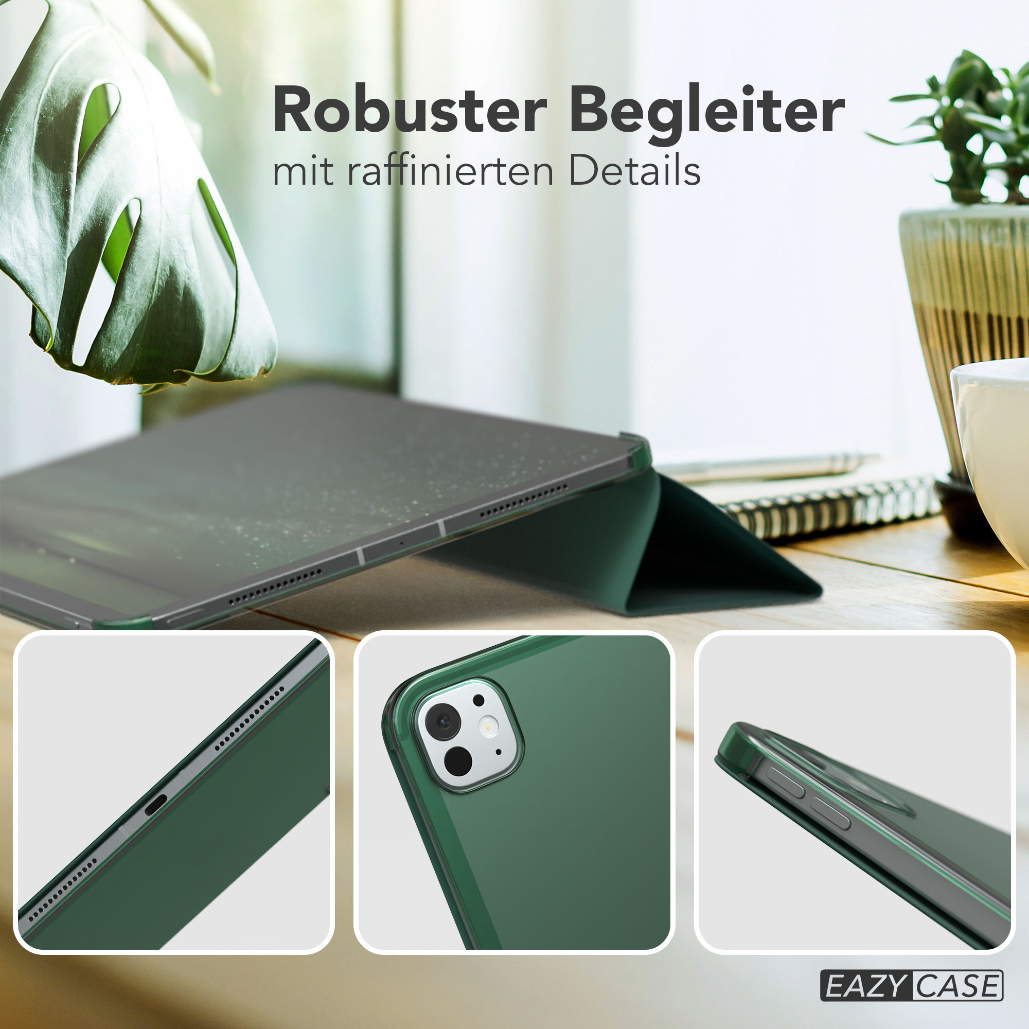 Grüne Tablet-Hülle auf einem Holztisch, mit Blättern und einem Topf im Hintergrund. Nahaufnahmen zeigen Details.
