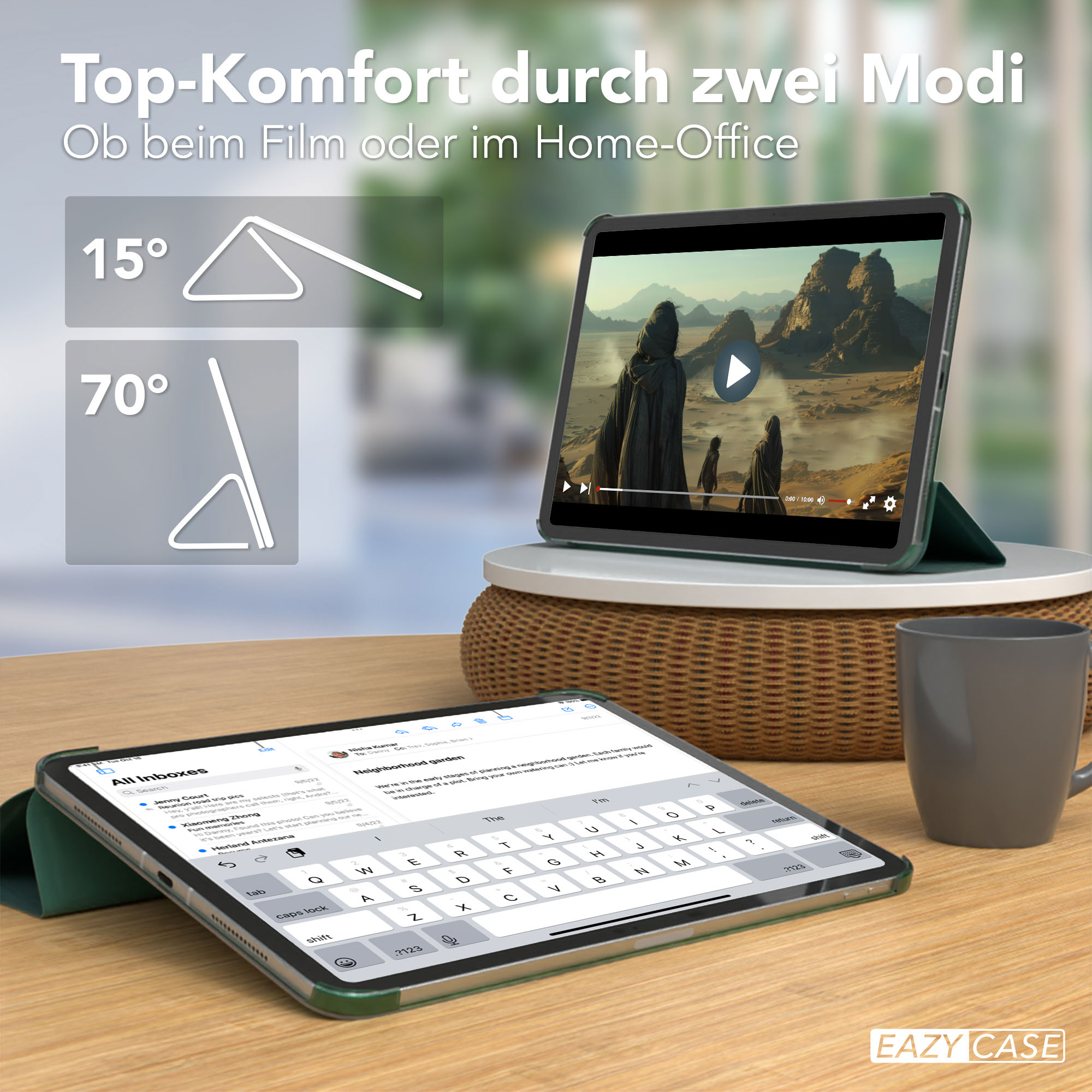 Tablet mit Tastatur, E-Mail anzeigend. Ein weiteres Tablet zeigt Video. Winkelanzeigen sind vorhanden.