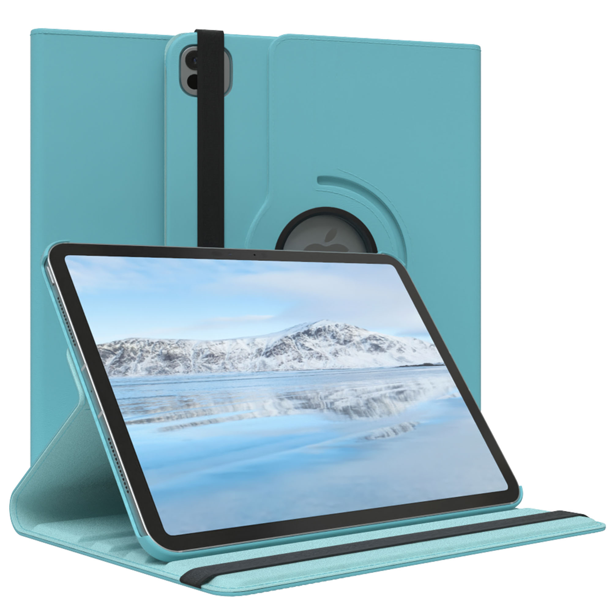 Ein Tablet mit Landschaftsanzeige, die eine verschneite Berglandschaft zeigt, in einem türkisblauen Gehäuse mit schwarzem Riemen.