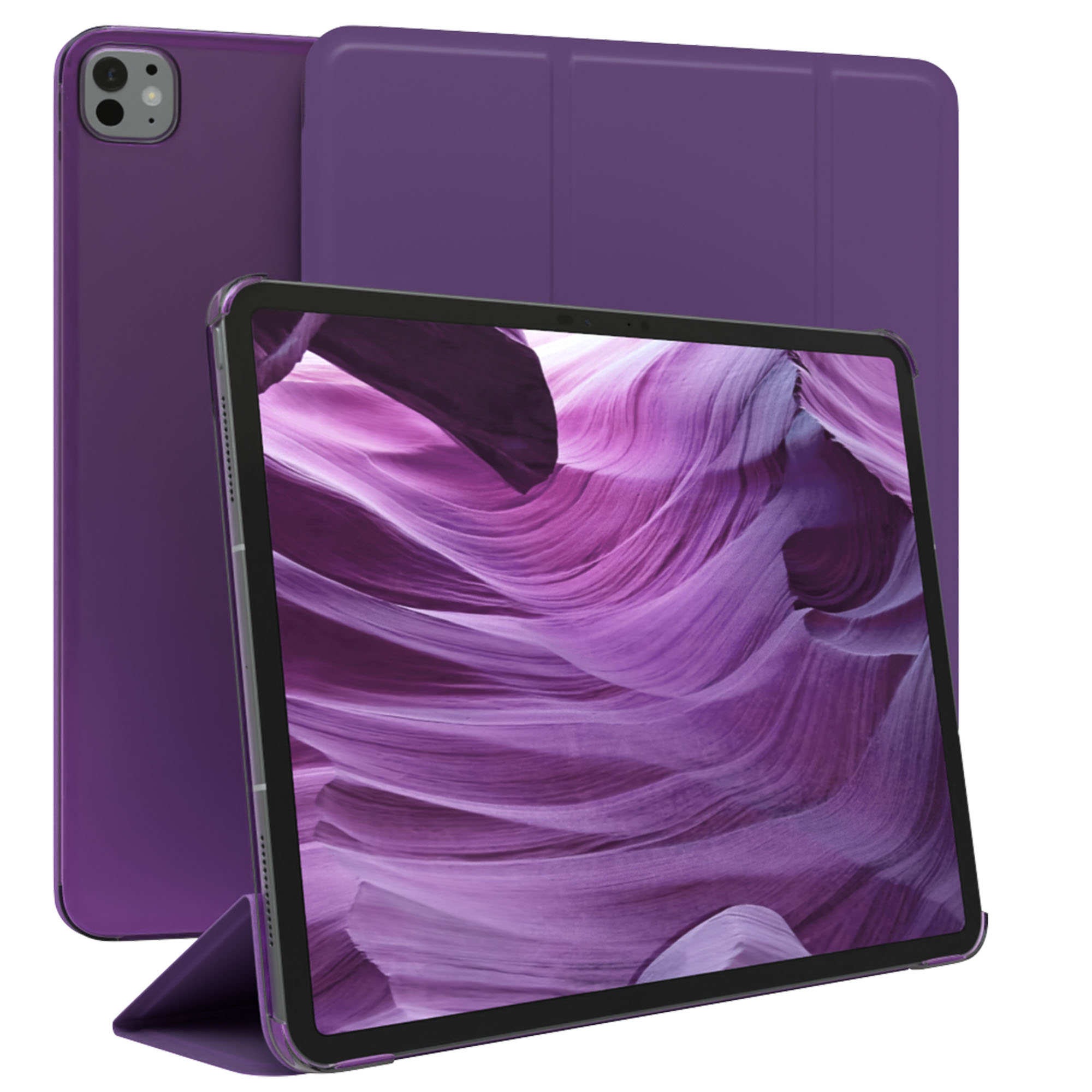 Lila Tablet mit Hülle. Der Bildschirm zeigt einen lila Canyon. Eine andere Hülle und Tablet sind dahinter.