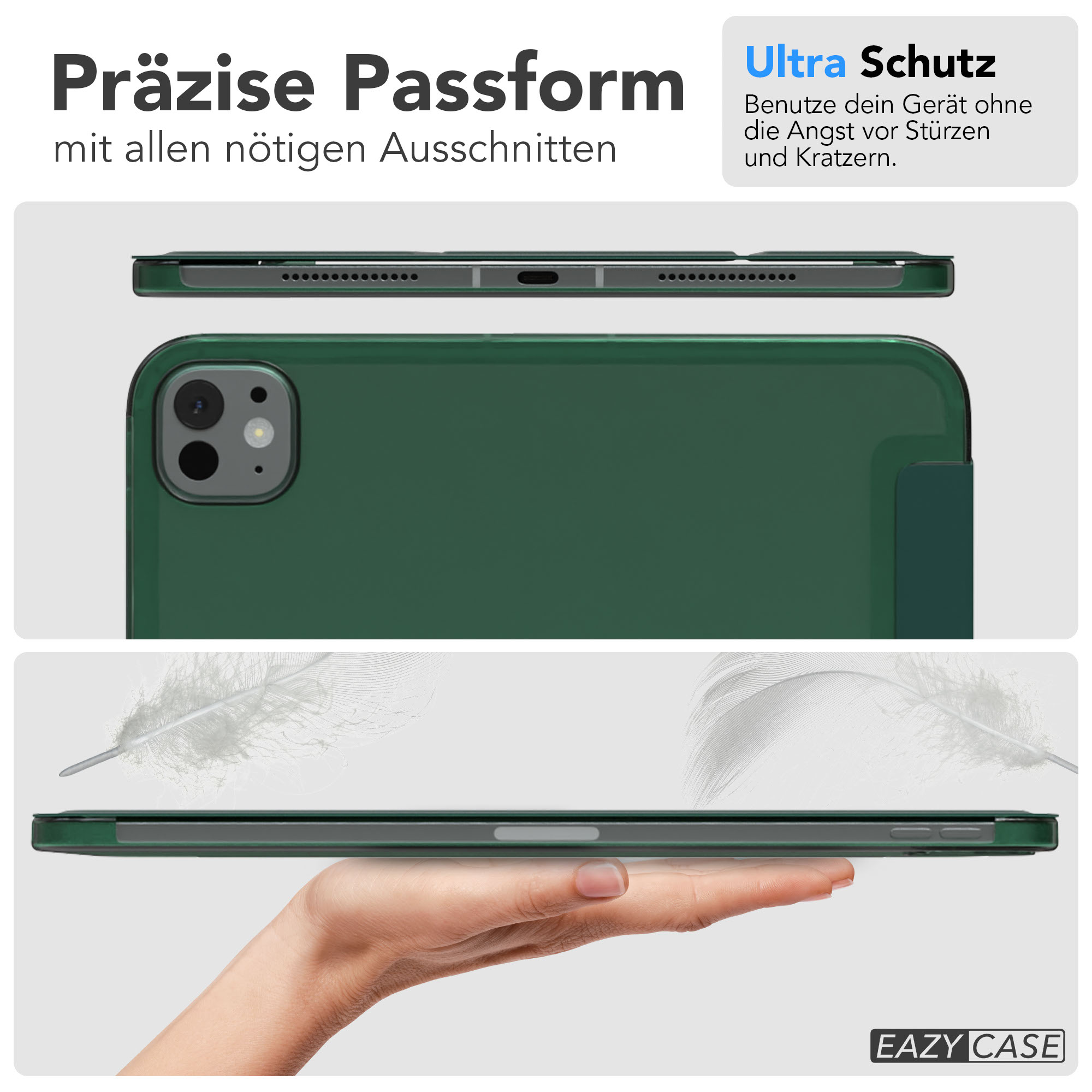 Grüne Tablethülle mit detailliertem Design. Zeigt das Tablet in verschiedenen Winkeln, von Hand gehalten, und Text.