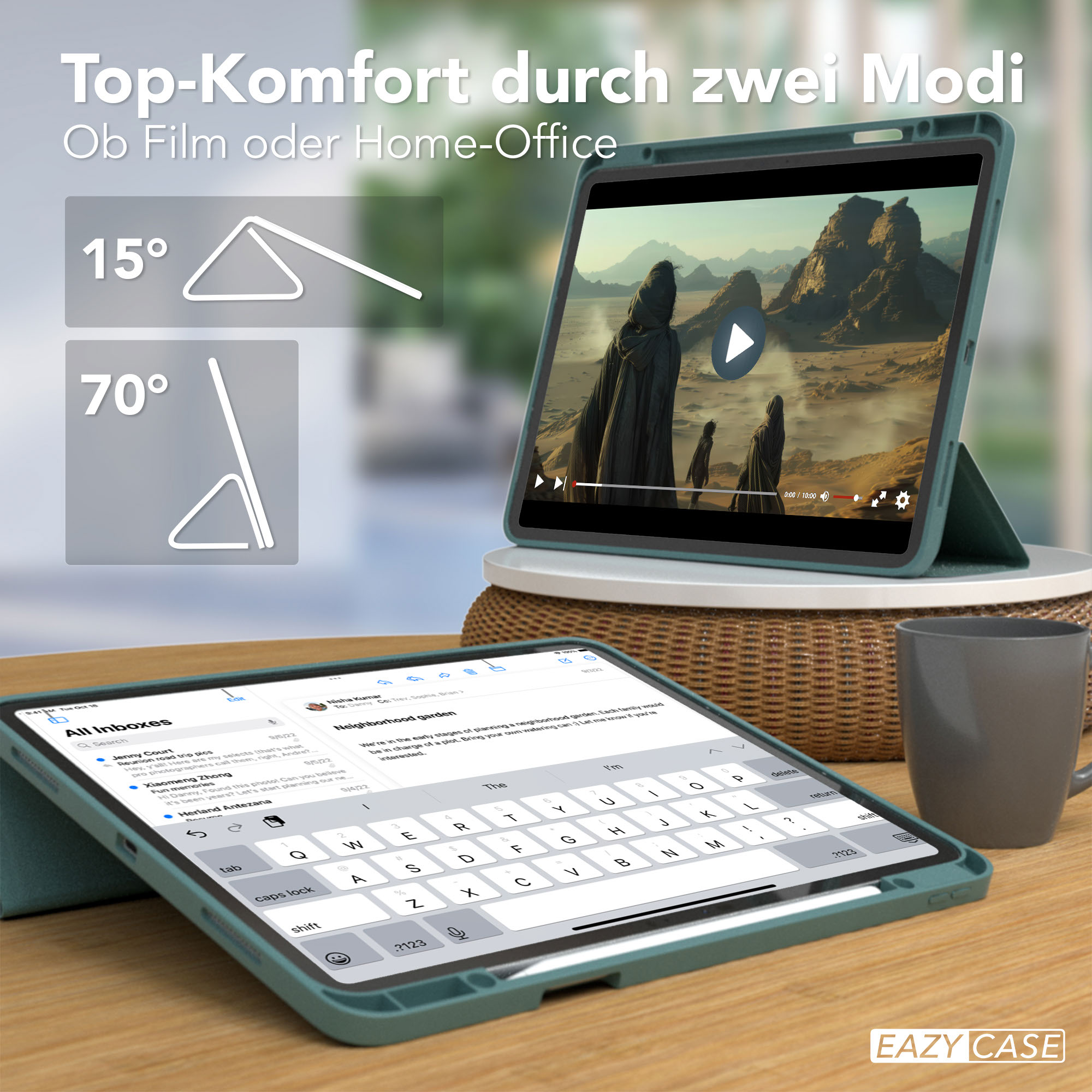 Tisch mit zwei Tablets und einer Kaffeetasse. Ein Tablet zeigt ein Video, das andere eine Tastatur. Hülle ist blaugrün.