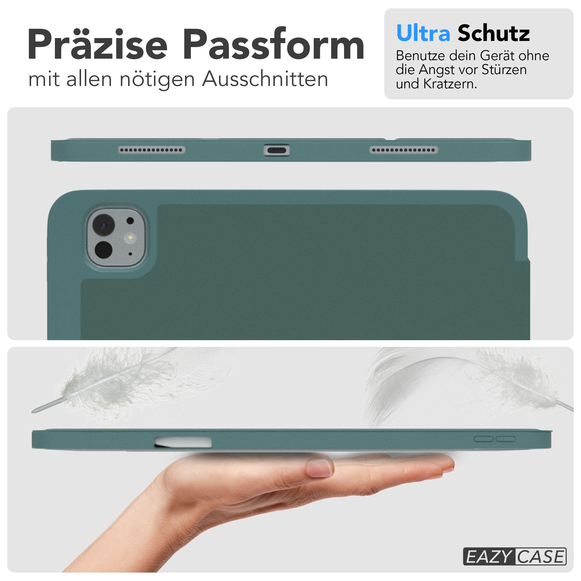 Eine teal Tablet-Hülle, die von einer Hand gehalten wird. Eine Feder befindet sich im Hintergrund. Text sagt präzise Passform und Ultra-Schutz.