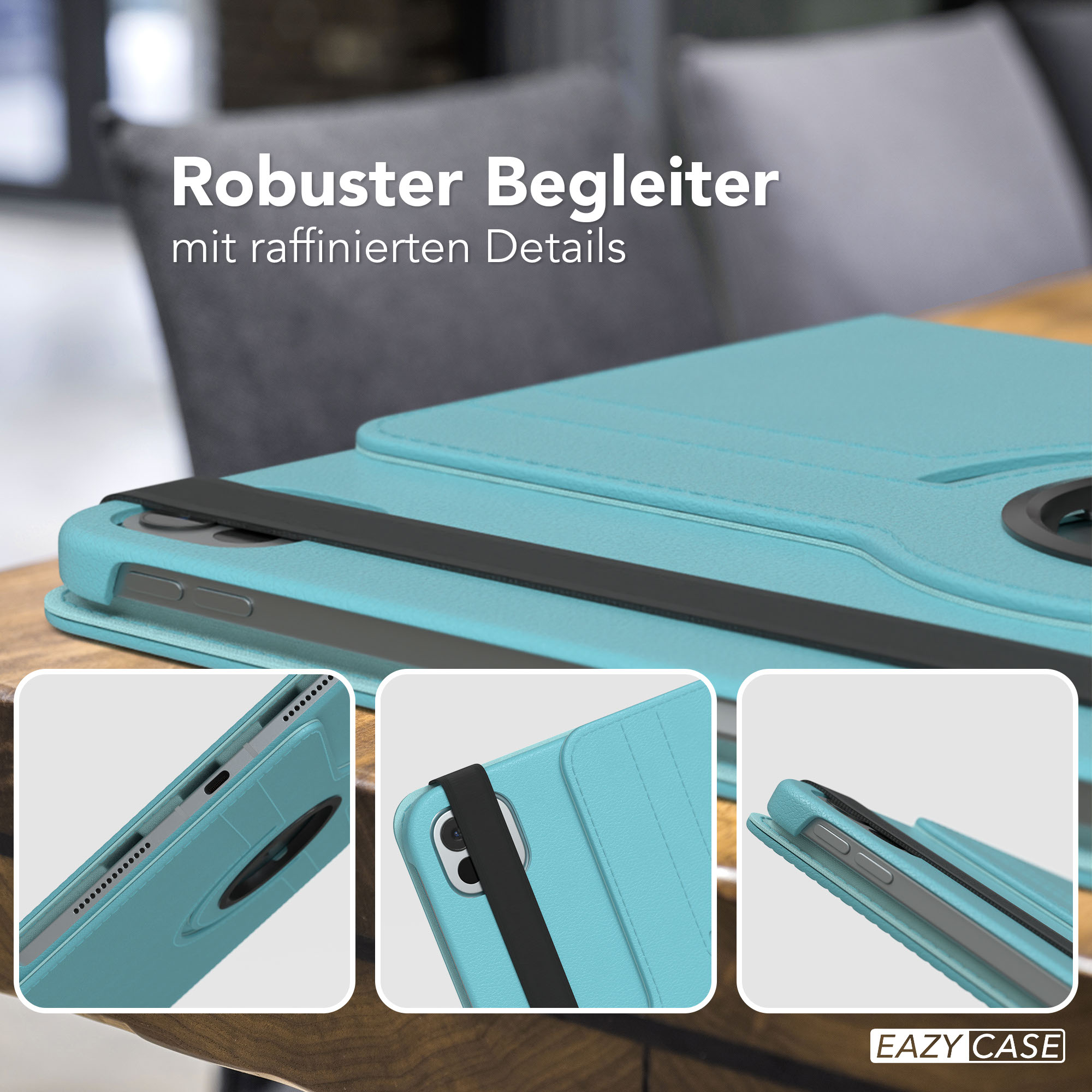 Eine türkisblaue Tablethülle mit schwarzem Riemen und drei inset-Bildern. Text lautet: 'Robuster Begleiter mit raffinierten Details'.
