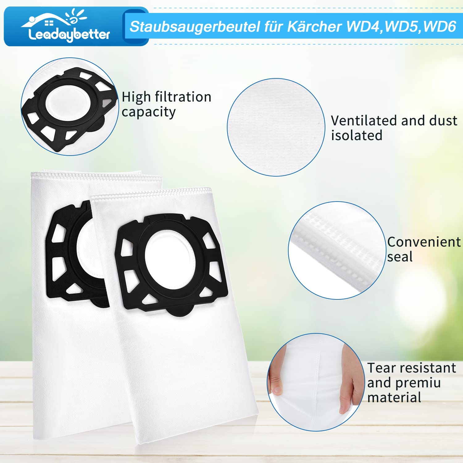 Weiße Staubsaugerbeutel mit schwarzen Kunststoffrahmen. Merkmale sind hohe Filtration, belüftet, staubisoliert, praktischer Verschluss und reißfestes Material.