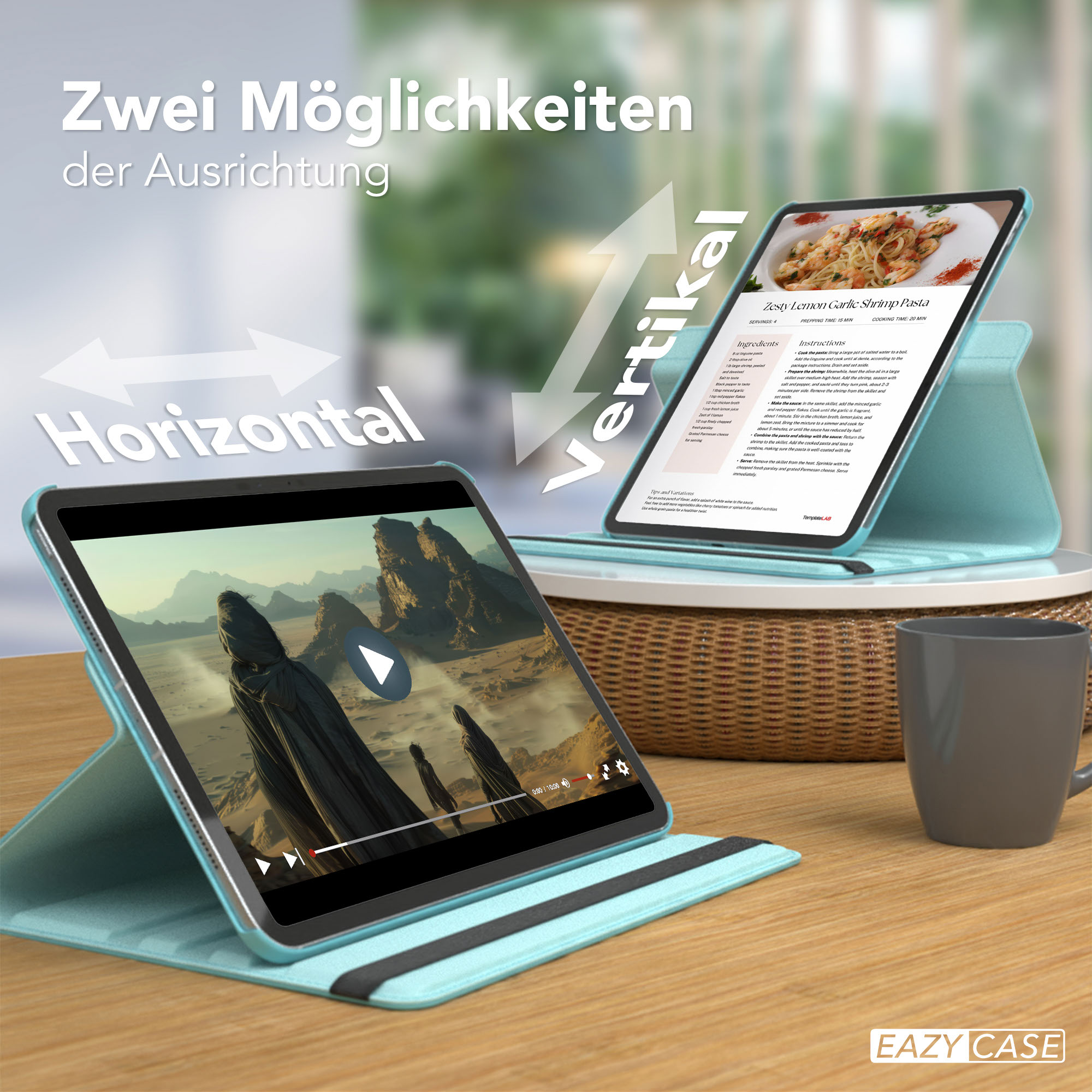 Zwei Tablets mit Video und Rezept. Horizontale und vertikale Ausrichtung. Grauer Becher und Holztisch.