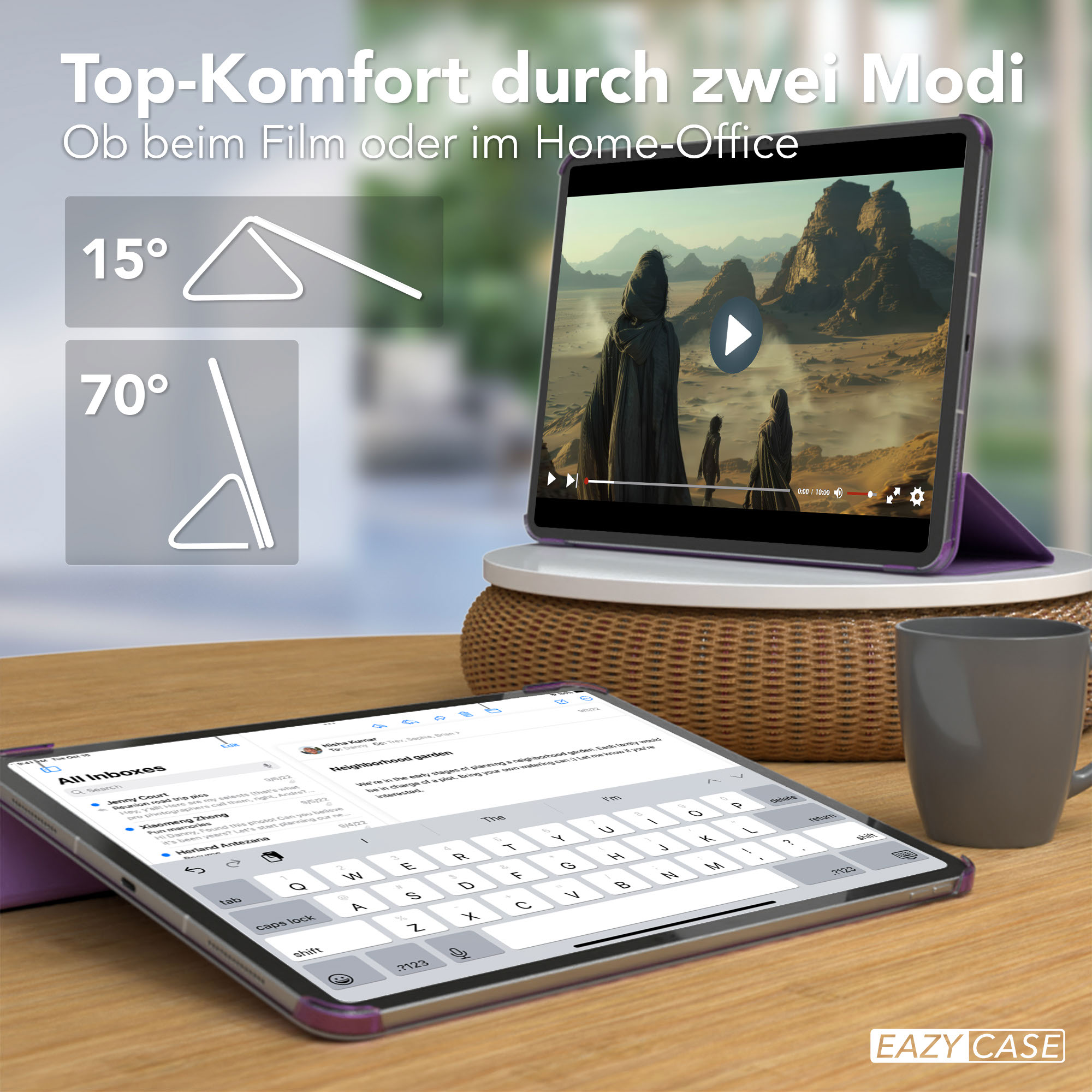Tablet mit Video und Tastatur. Auf einem Holztisch mit Tasse. Text zeigt verschiedene Winkel.