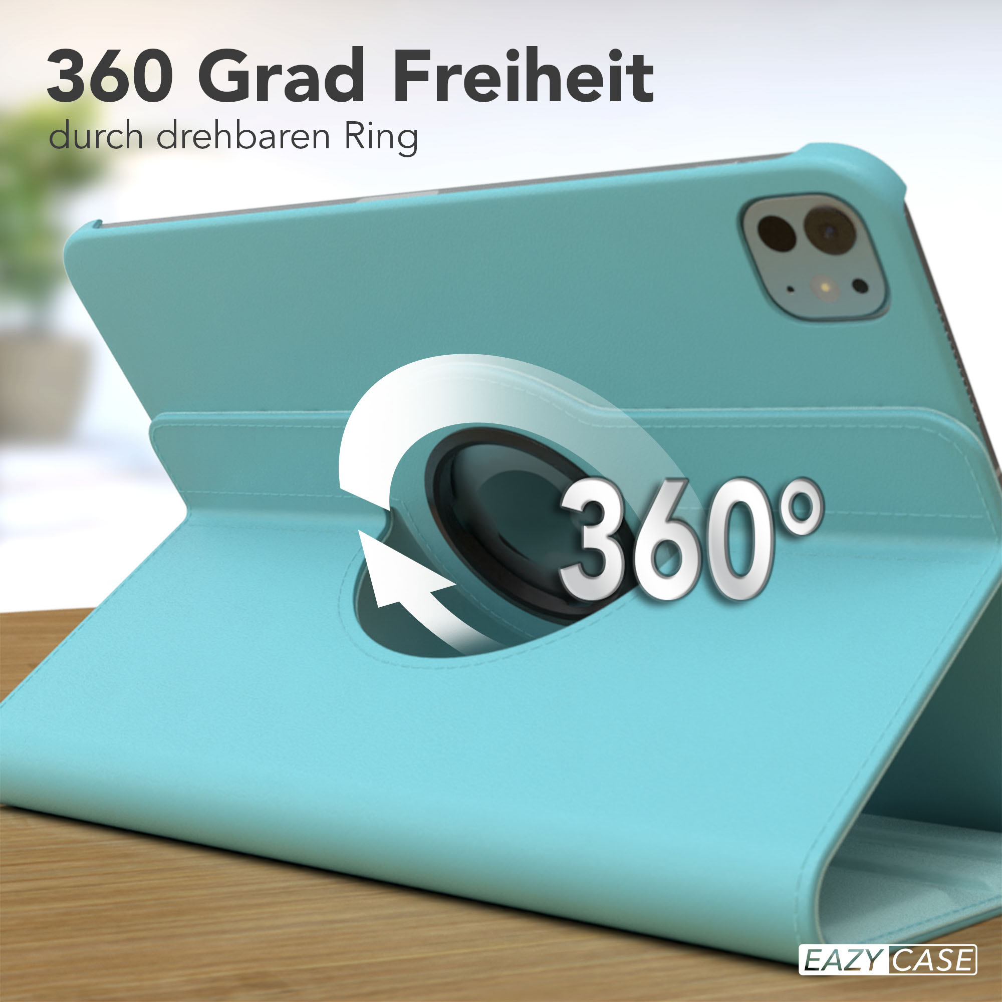 Eine türkisfarbene iPad-Hülle mit Drehring, die '360°' anzeigt. Die Hülle ist geöffnet und zeigt die Rückseite des iPads.
