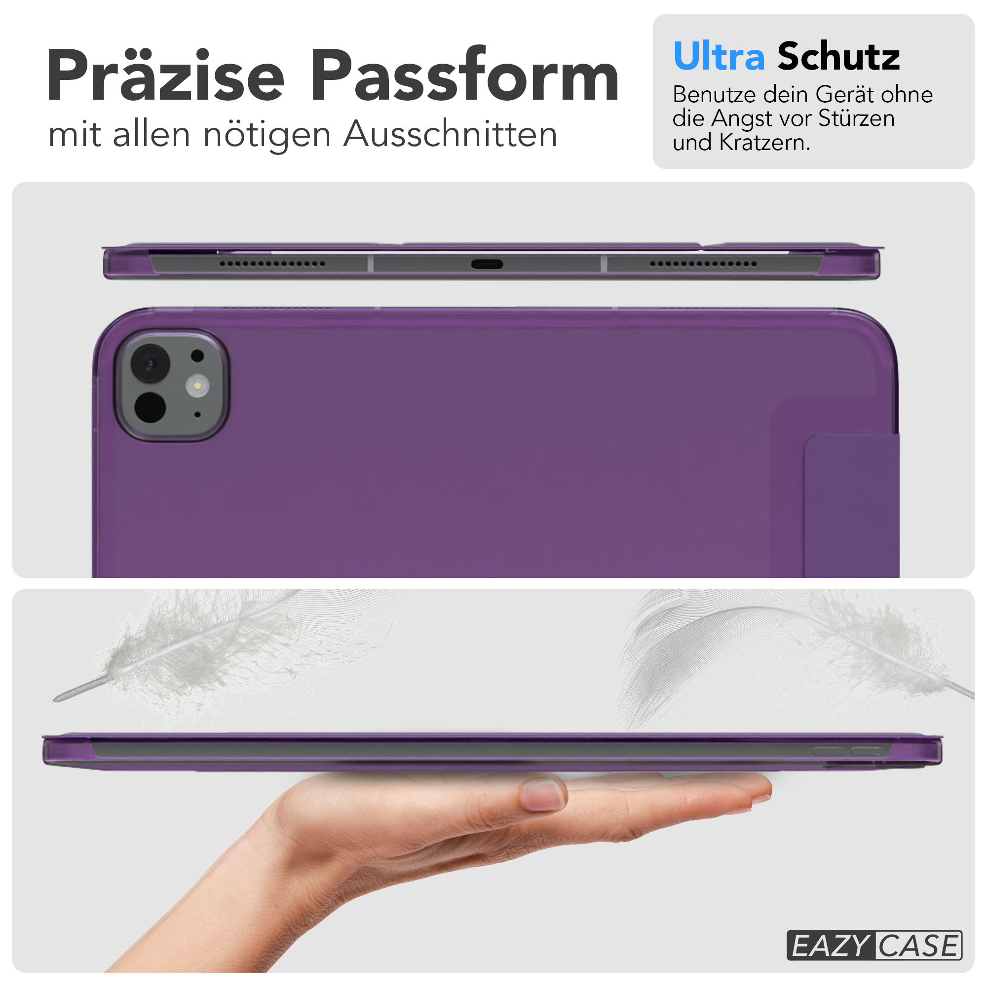 Eine lila Tablethülle mit einem iPad darin, gehalten von einer Hand. Federn sind im Hintergrund. Text lautet 'Ultra Schutz'.