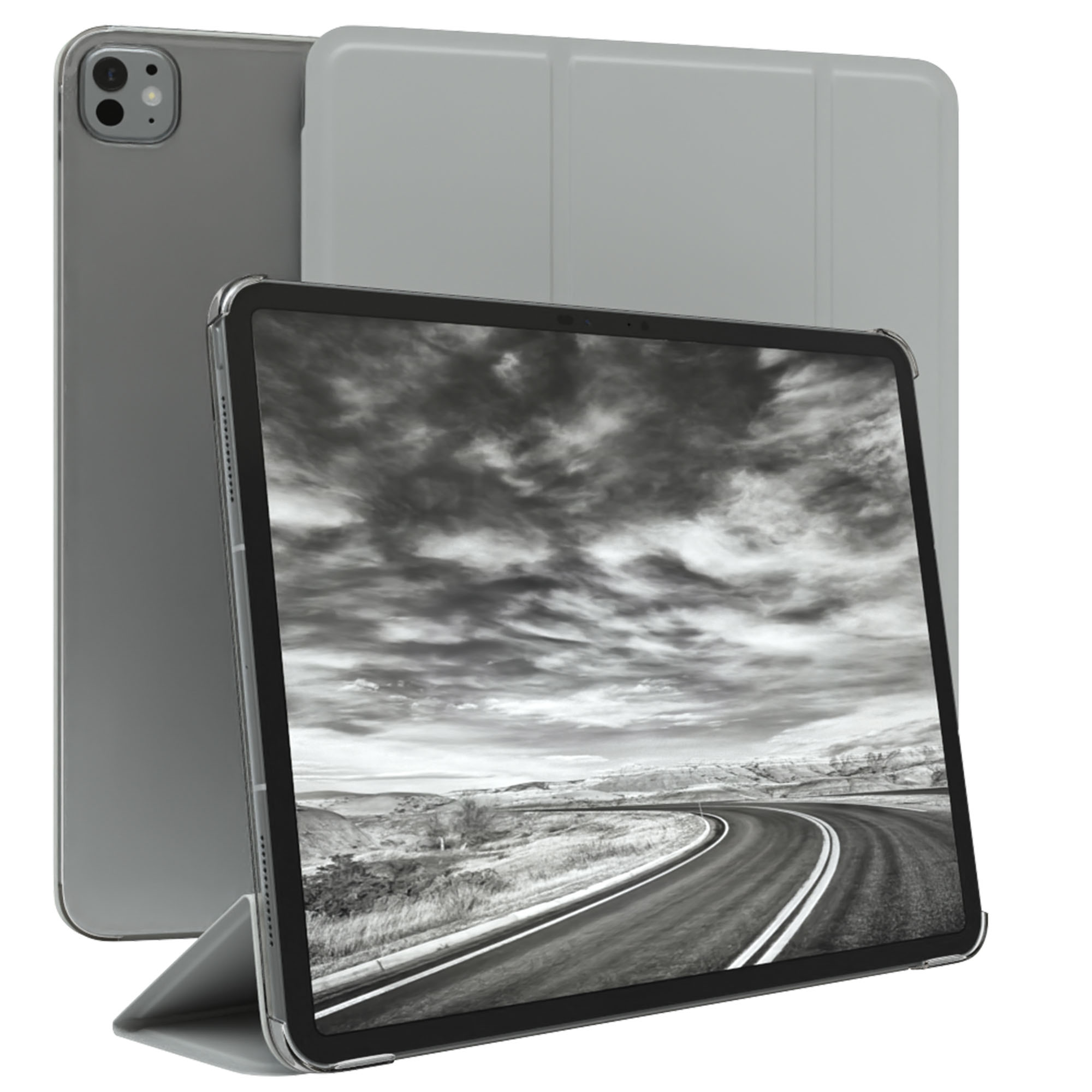 Ein Tablet mit einer Straßenszene auf dem Bildschirm, dahinter zwei Hüllen. Das Tablet ist grau.