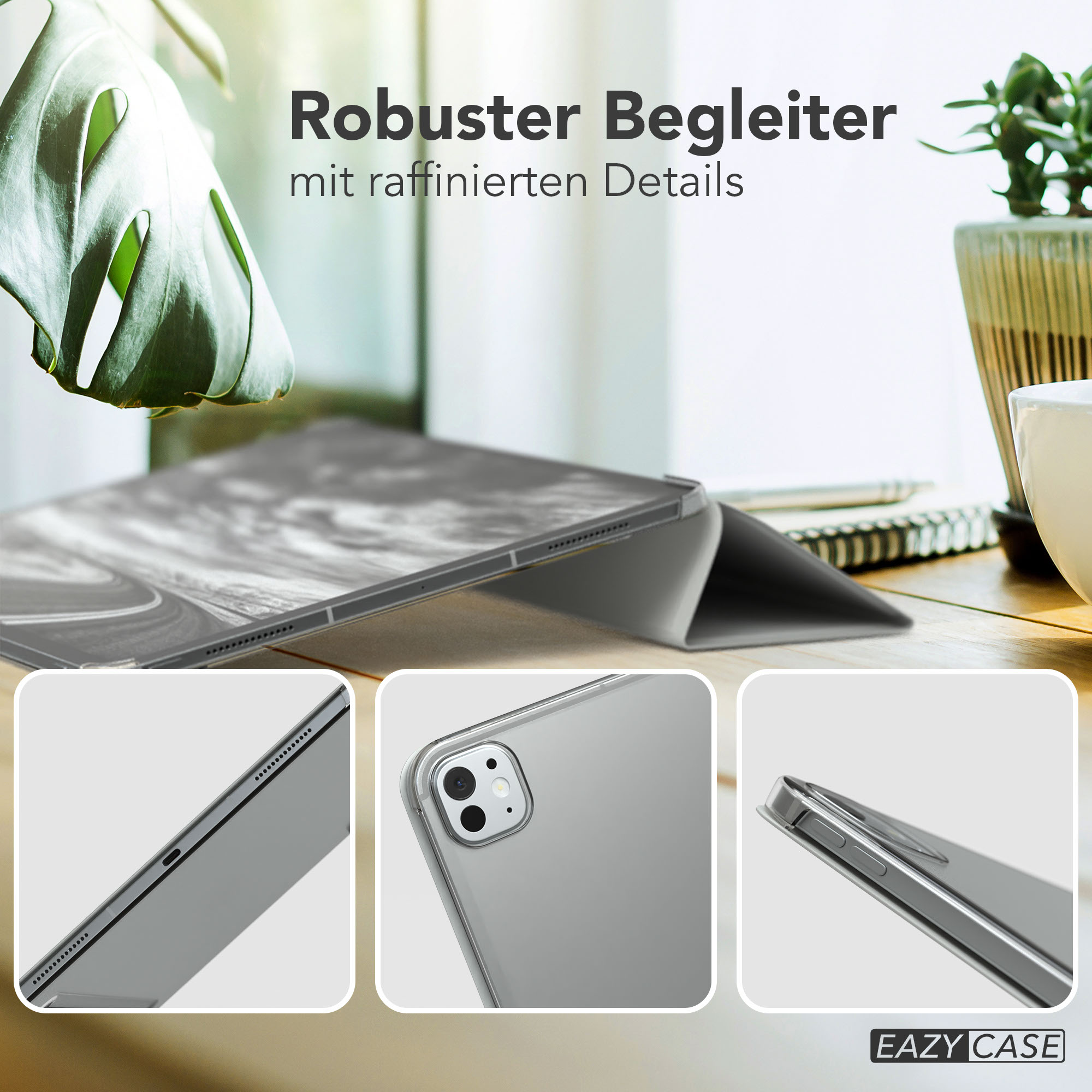 Tablet in einer Hülle, mit Nahaufnahmen der Details. Text sagt: 'Robuster Begleiter mit raffinierten Details'.