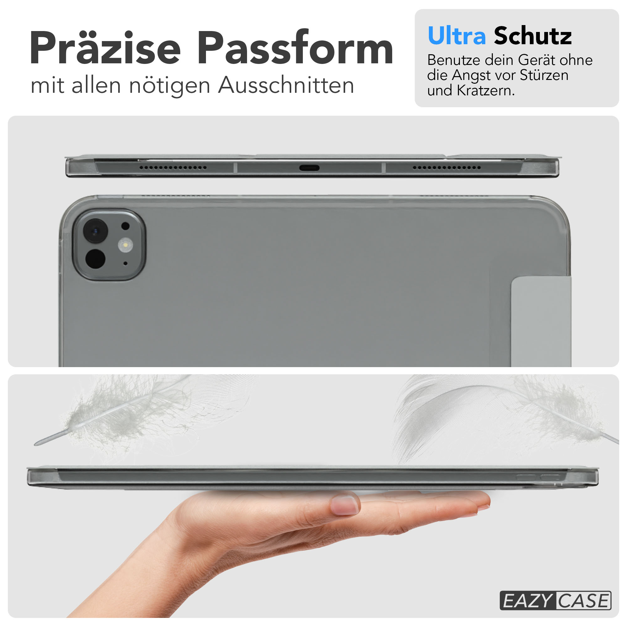 Ein Tablet in einer transparenten Hülle. Eine Hand hält das Tablet. Im Hintergrund Text und Federn.