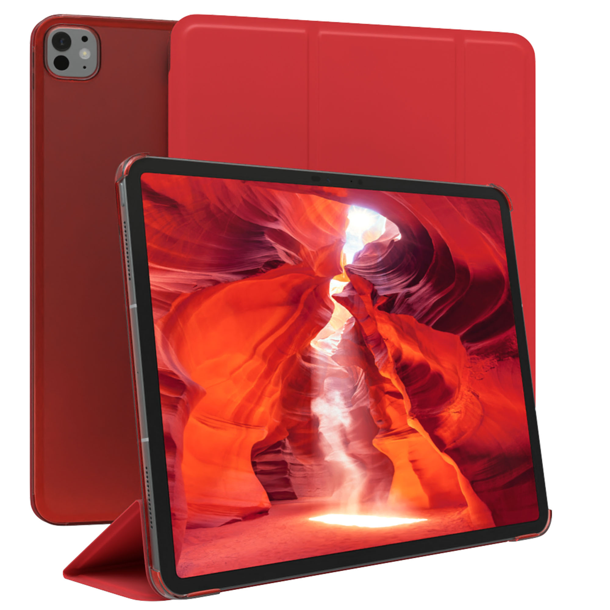 Rotes Tablet mit Hülle. Der Bildschirm zeigt eine Schluchtszene. Der Hintergrund ist weiß.