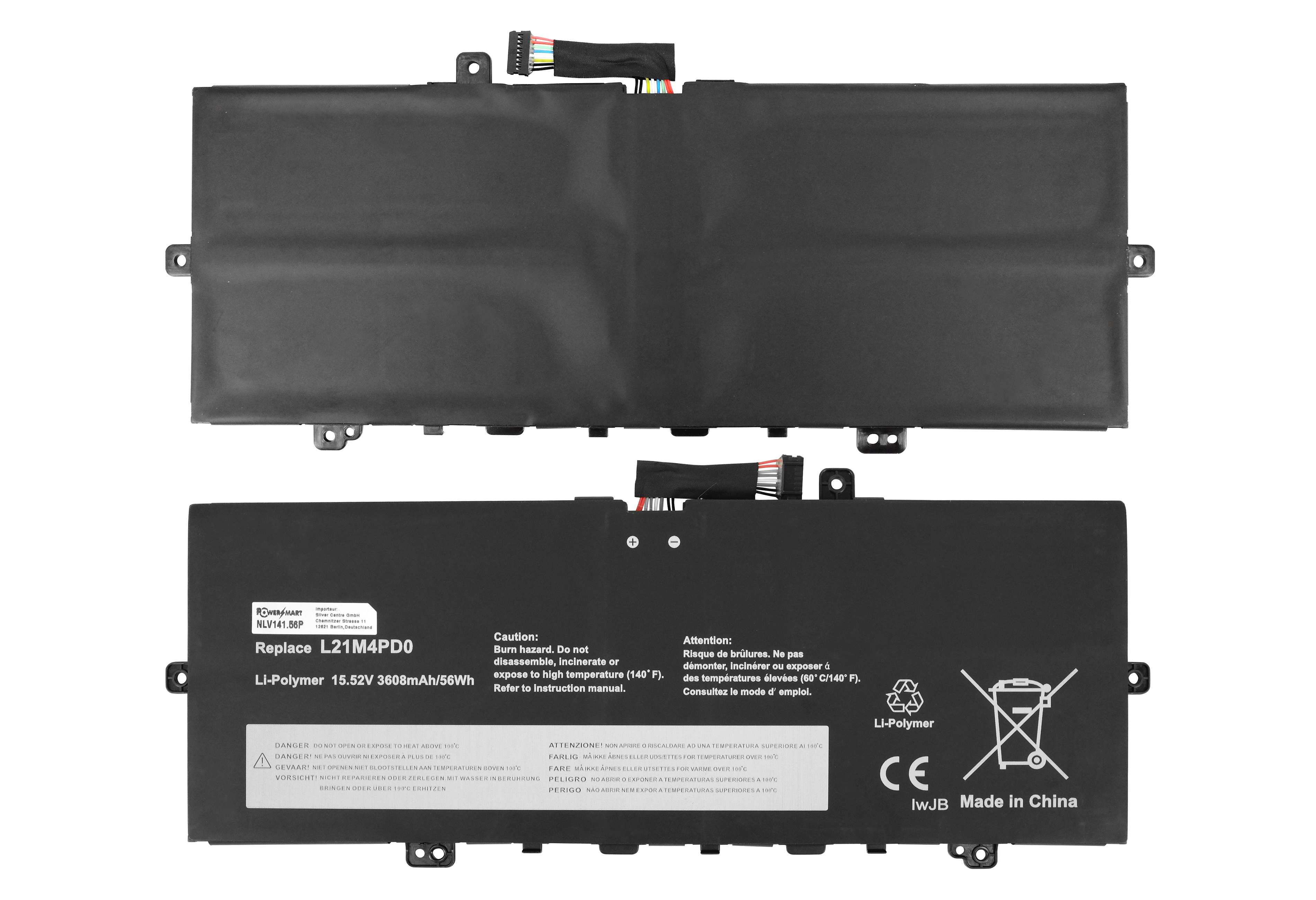 Laptop-Akku mit Warnhinweisen, schwarz, rechteckig, mit Text und Symbolen. Oben- und Untenansicht.