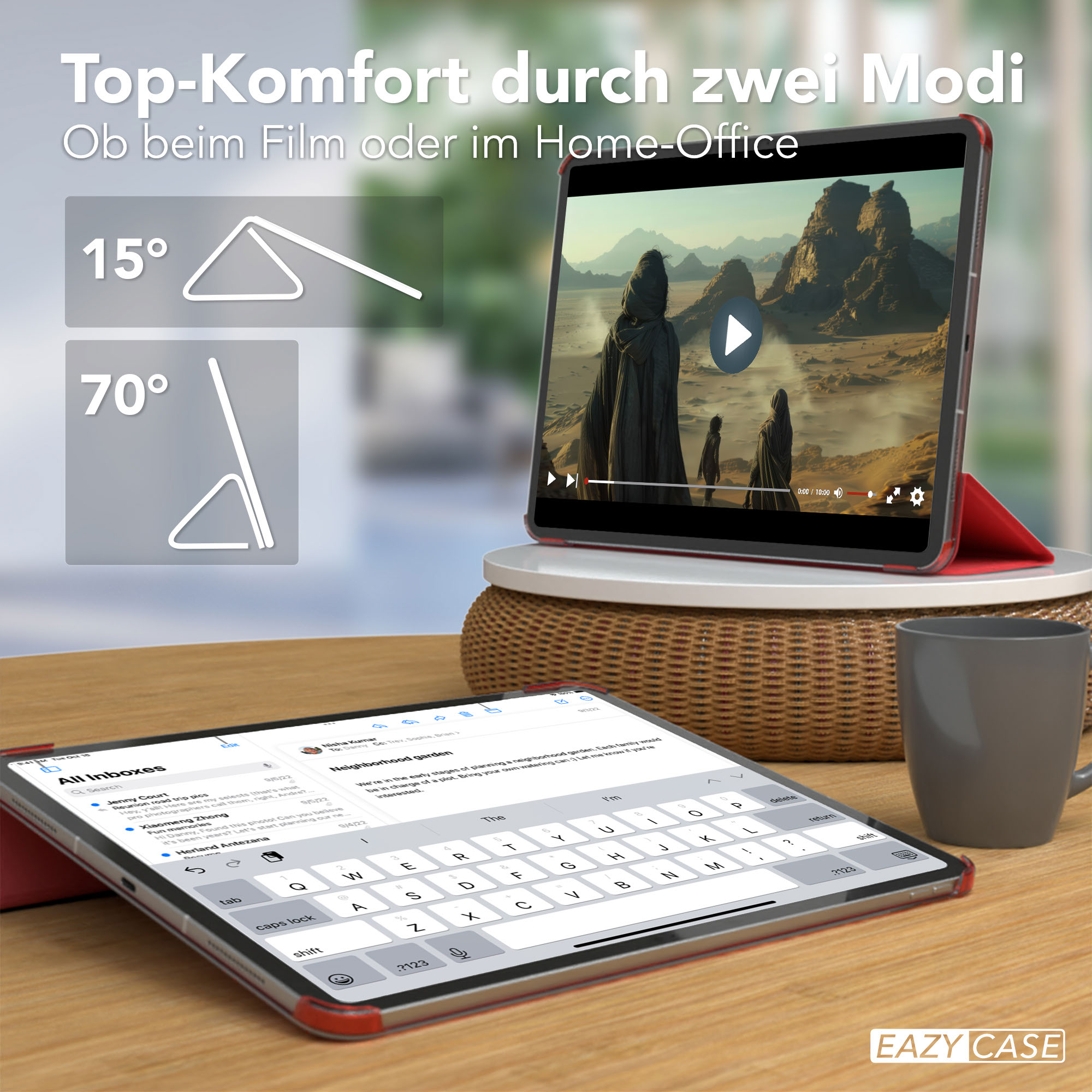 Tablet zeigt Video und Tastatur. Auf einem Holztisch mit Becher und Weidenkorb.