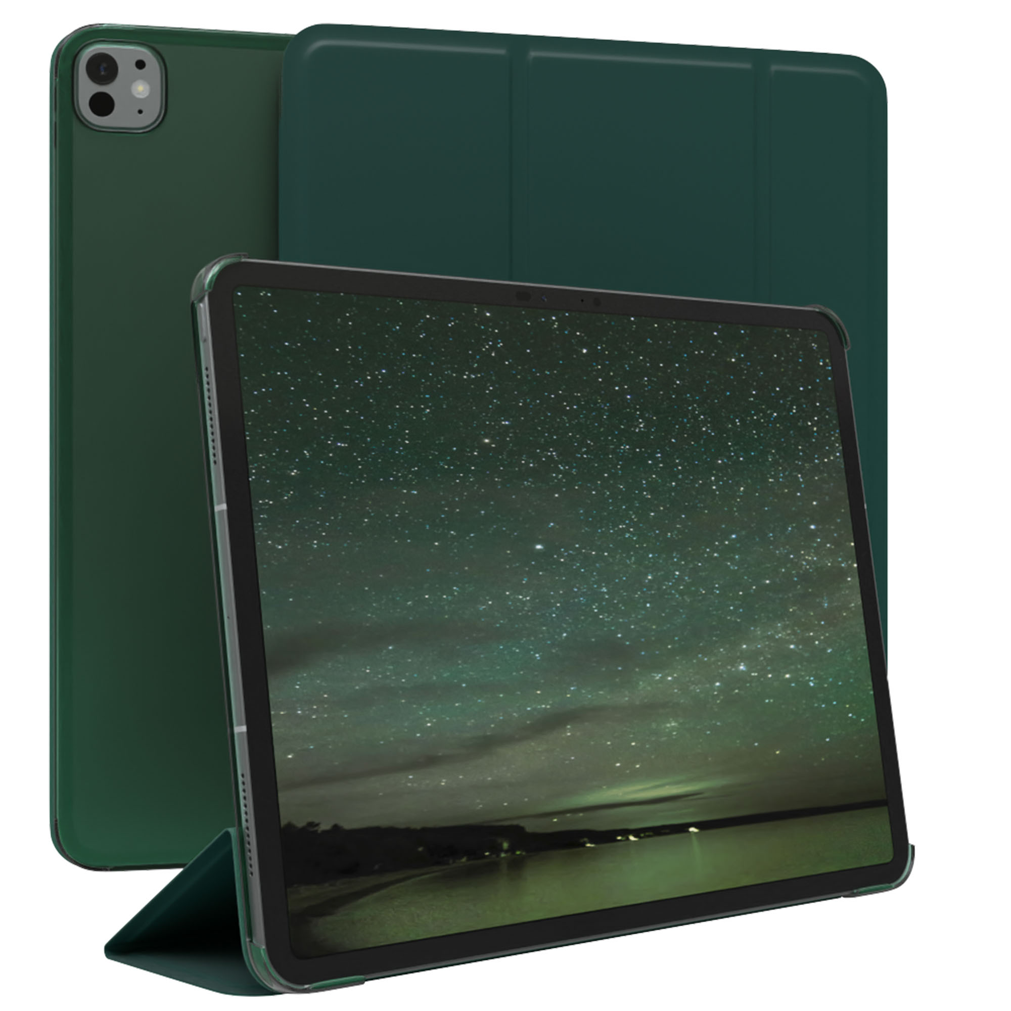 Grünes Tablet mit Sternennachtbildschirm und grüner Hülle. Der Hintergrund ist weiß.