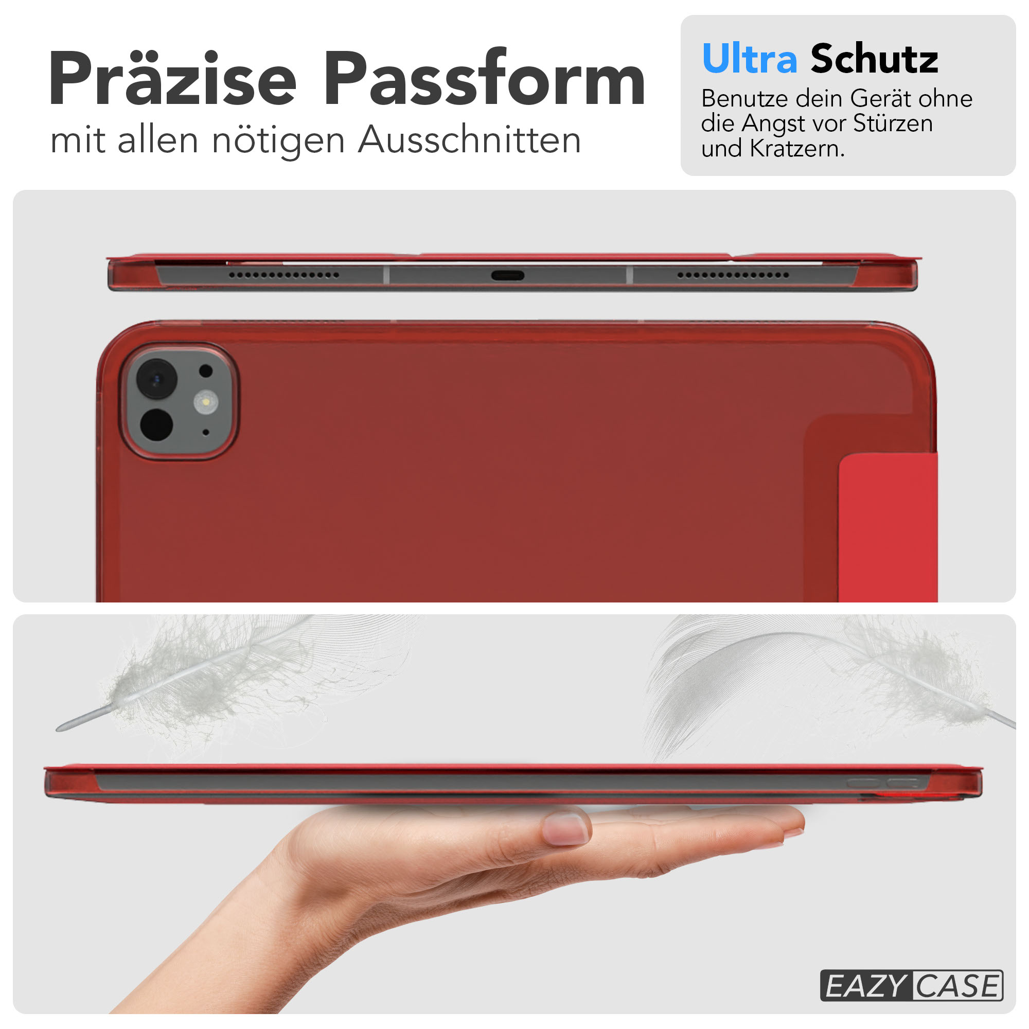 Eine rote Handyhülle mit schwarzem Rahmen wird von einer Hand gehalten. Die Hülle wird in verschiedenen Winkeln gezeigt, mit Text.