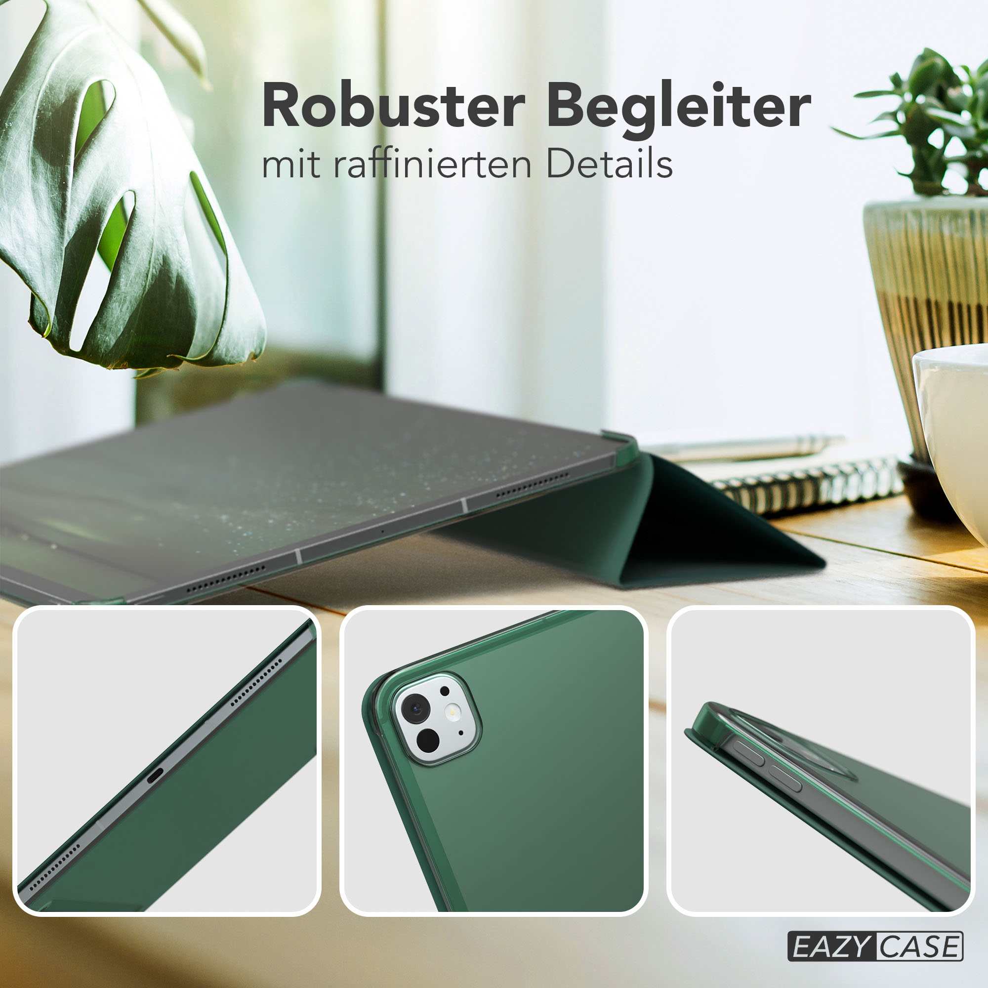 Grüne Tablet-Hülle mit Details, eine Pflanze und Text: Robuster Begleiter mit raffinierten Details. Drei inset Bilder.