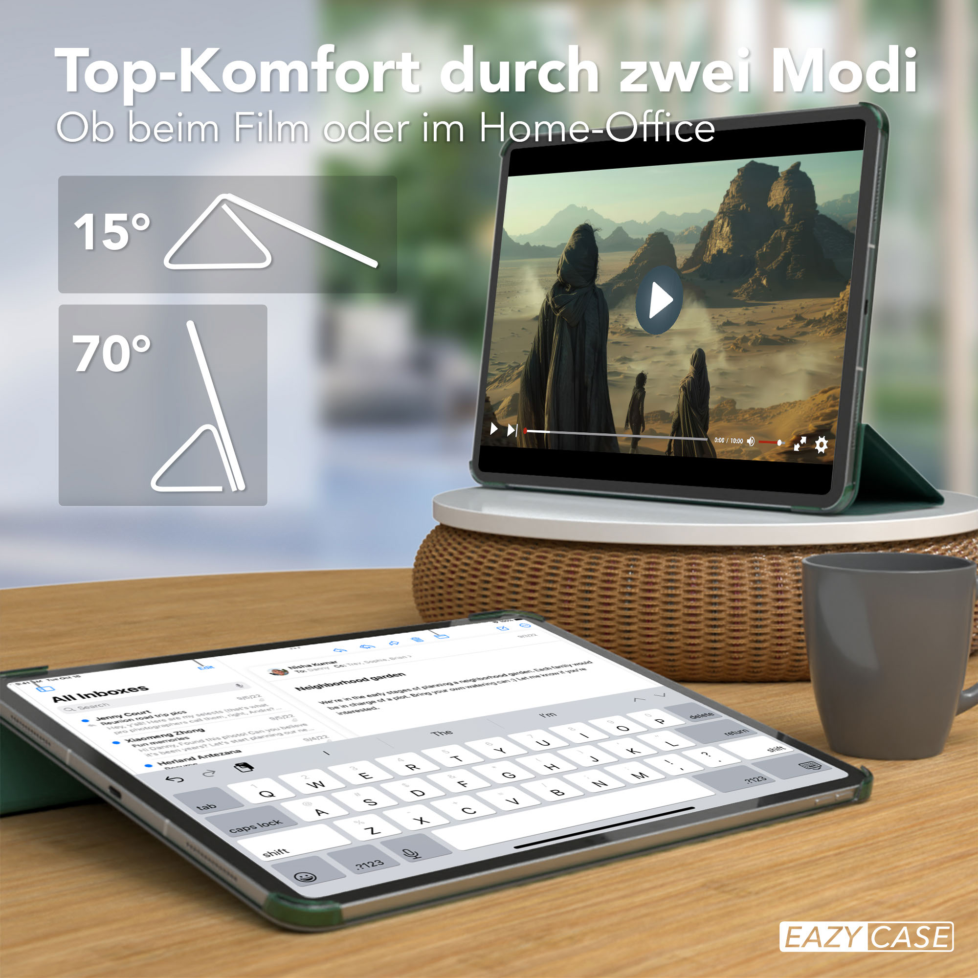 Zwei Tablets auf einem Tisch, eines zeigt ein Video, das andere eine E-Mail, umgeben von einer Kaffeetasse und einem Ständer.