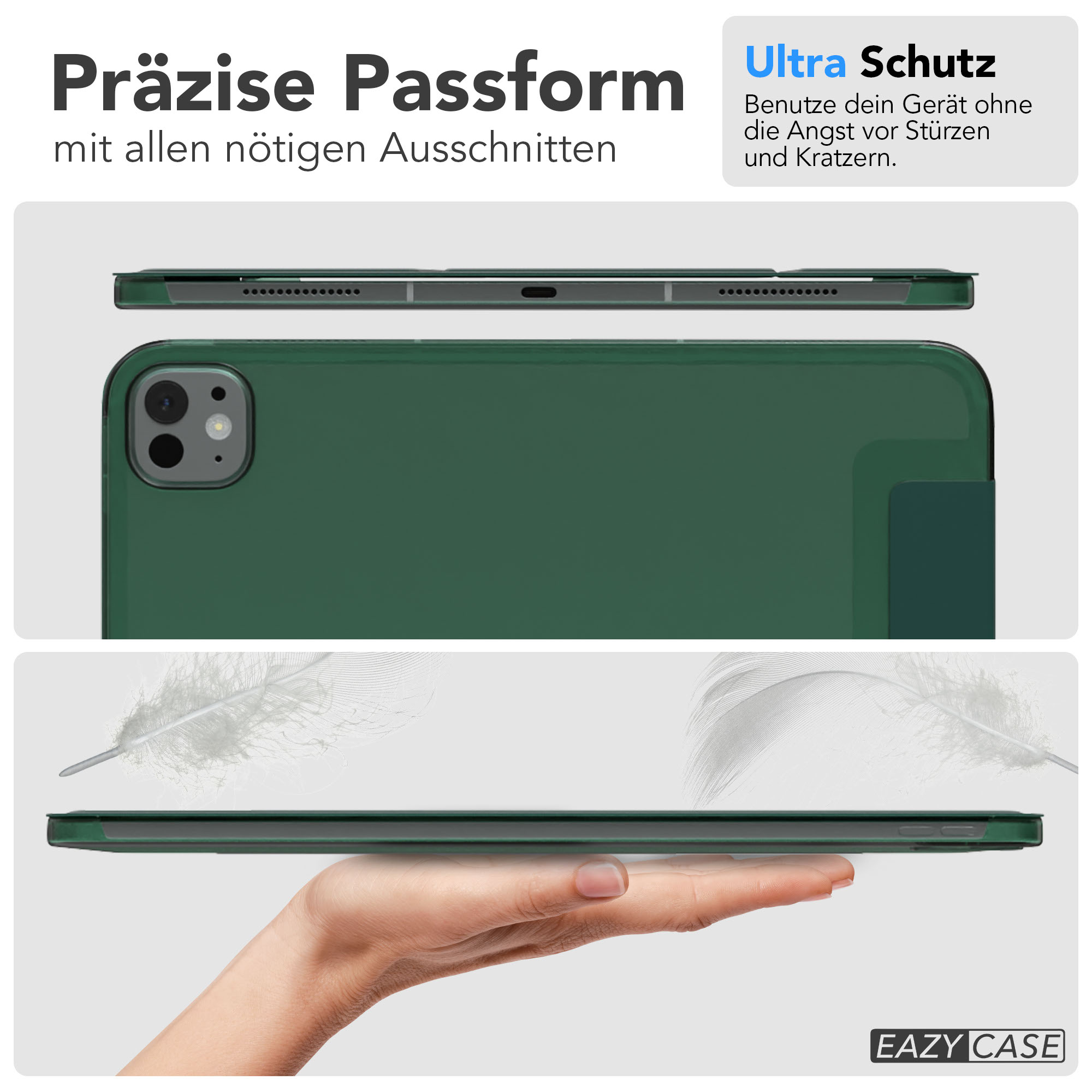 Grüne Tablethülle. Eine Hand hält ein Tablet. Federn sind im Hintergrund. Deutscher Text oben.