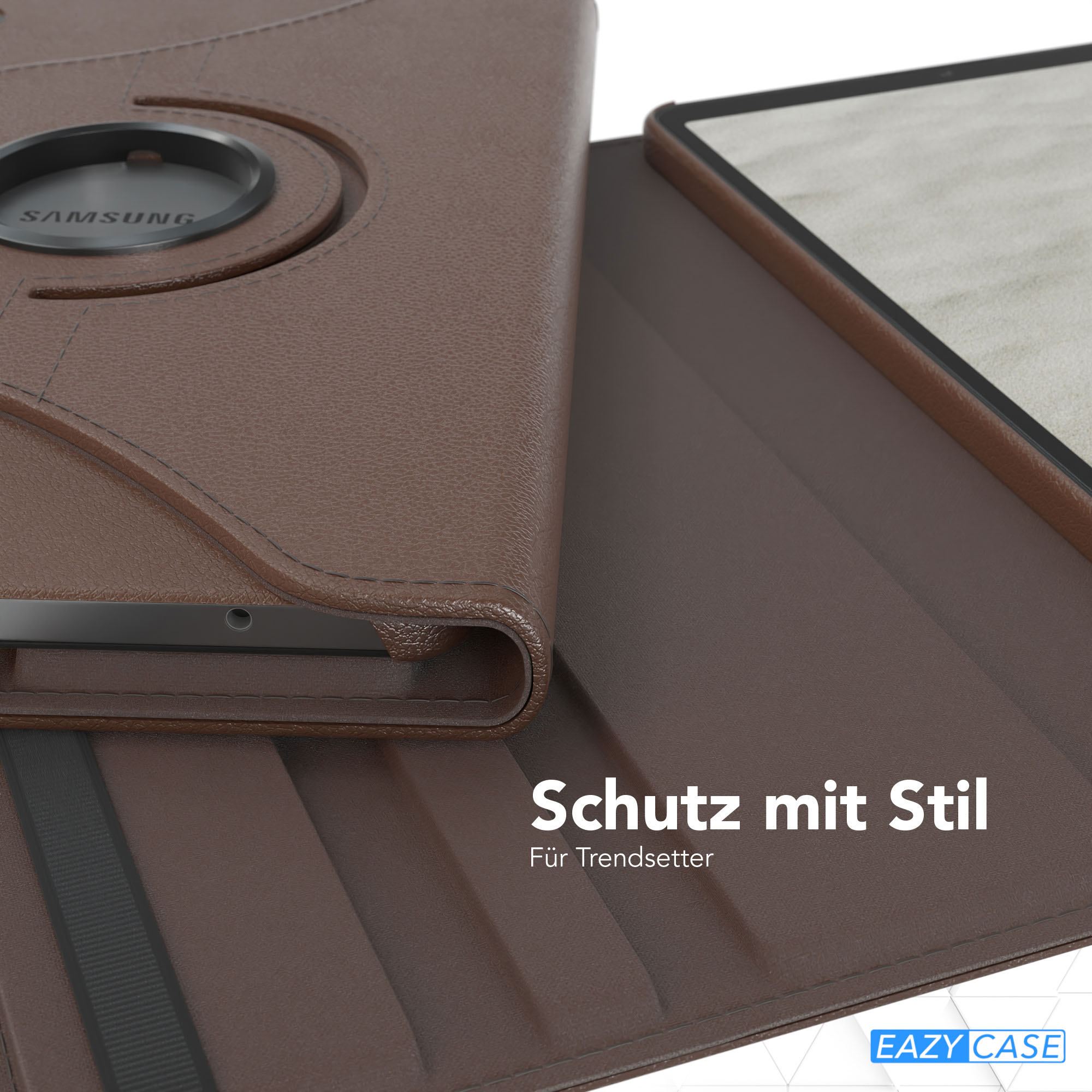 Braune Tablet-Lederhülle mit Samsung-Logo. Teilweise geöffneter Tablet-Bildschirm mit hellem Hintergrund sichtbar.