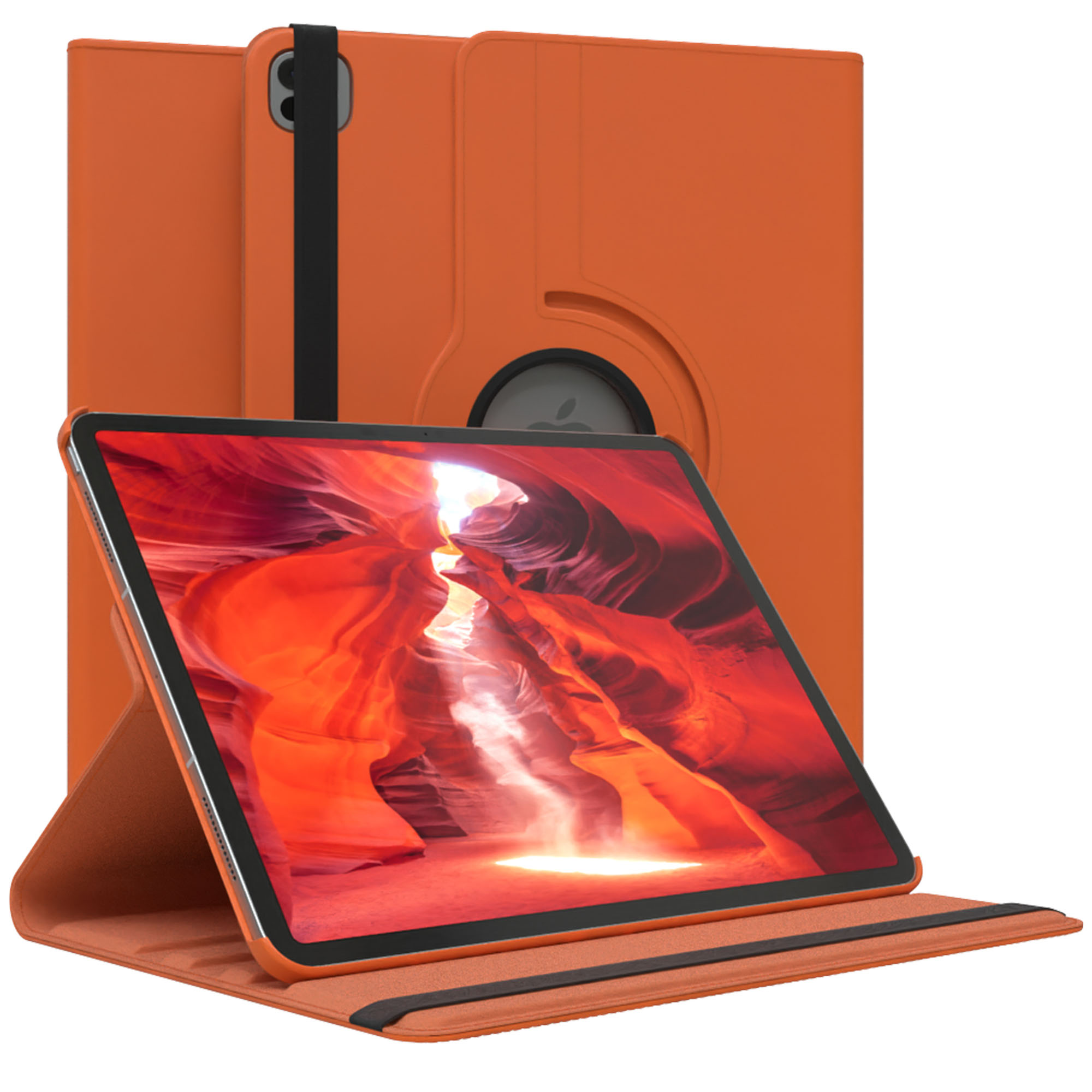 Orangene Tablethülle mit einem Tablet, das eine Schluchtszene zeigt. Schwarzer Riemen sichert die Hülle.
