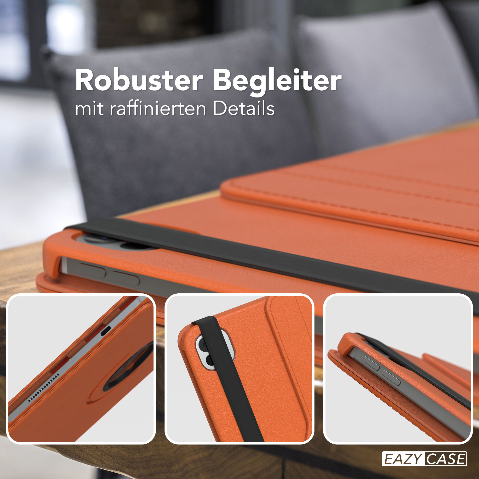 Orangene Tablethülle mit schwarzem Riemen. Nahaufnahmen zeigen Details. Text: 'Robuster Begleiter mit raffinierten Details'.