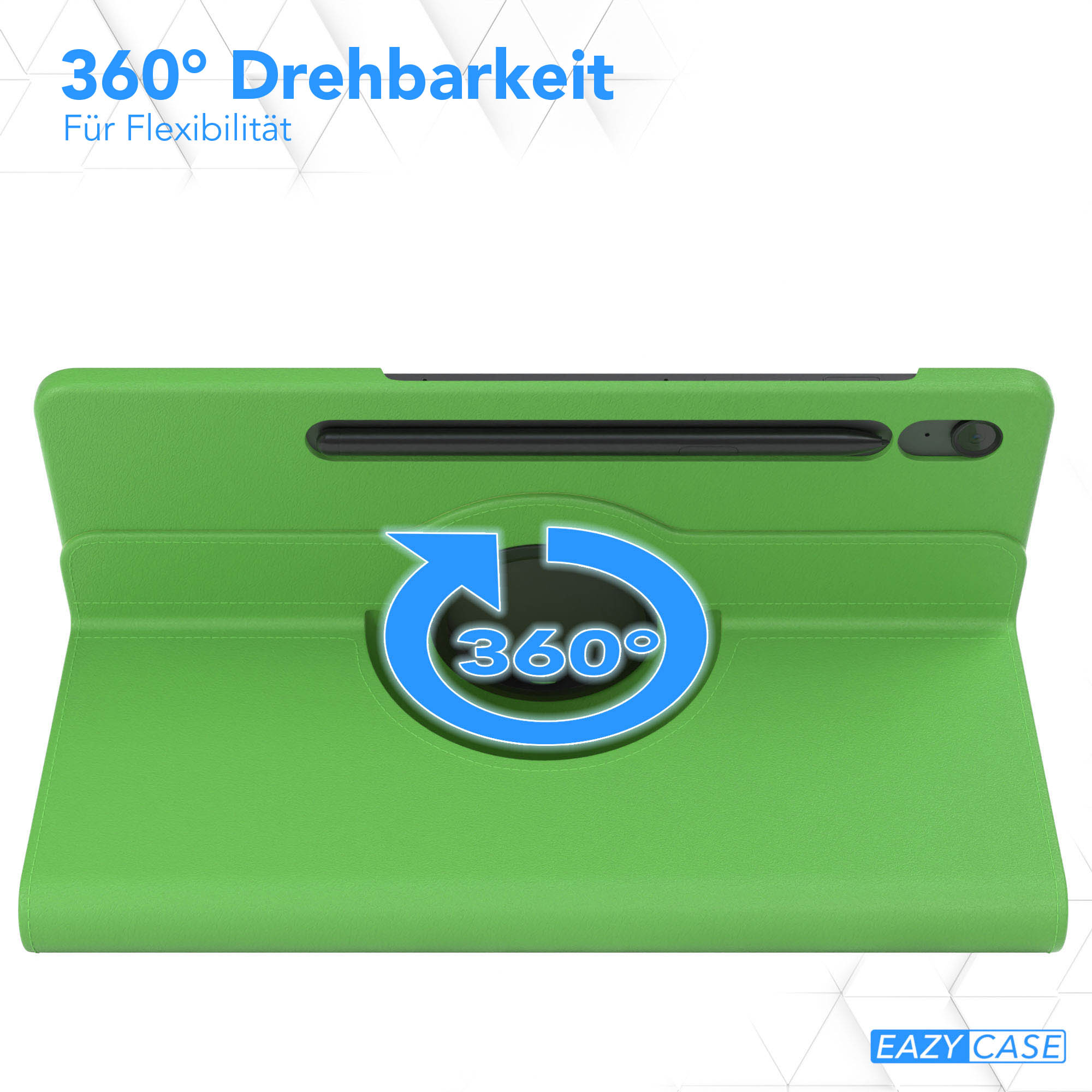 Grüne Tablethülle mit 360°-Rotationssymbol und Text '360° Drehbarkeit' und 'Für Flexibilität'.