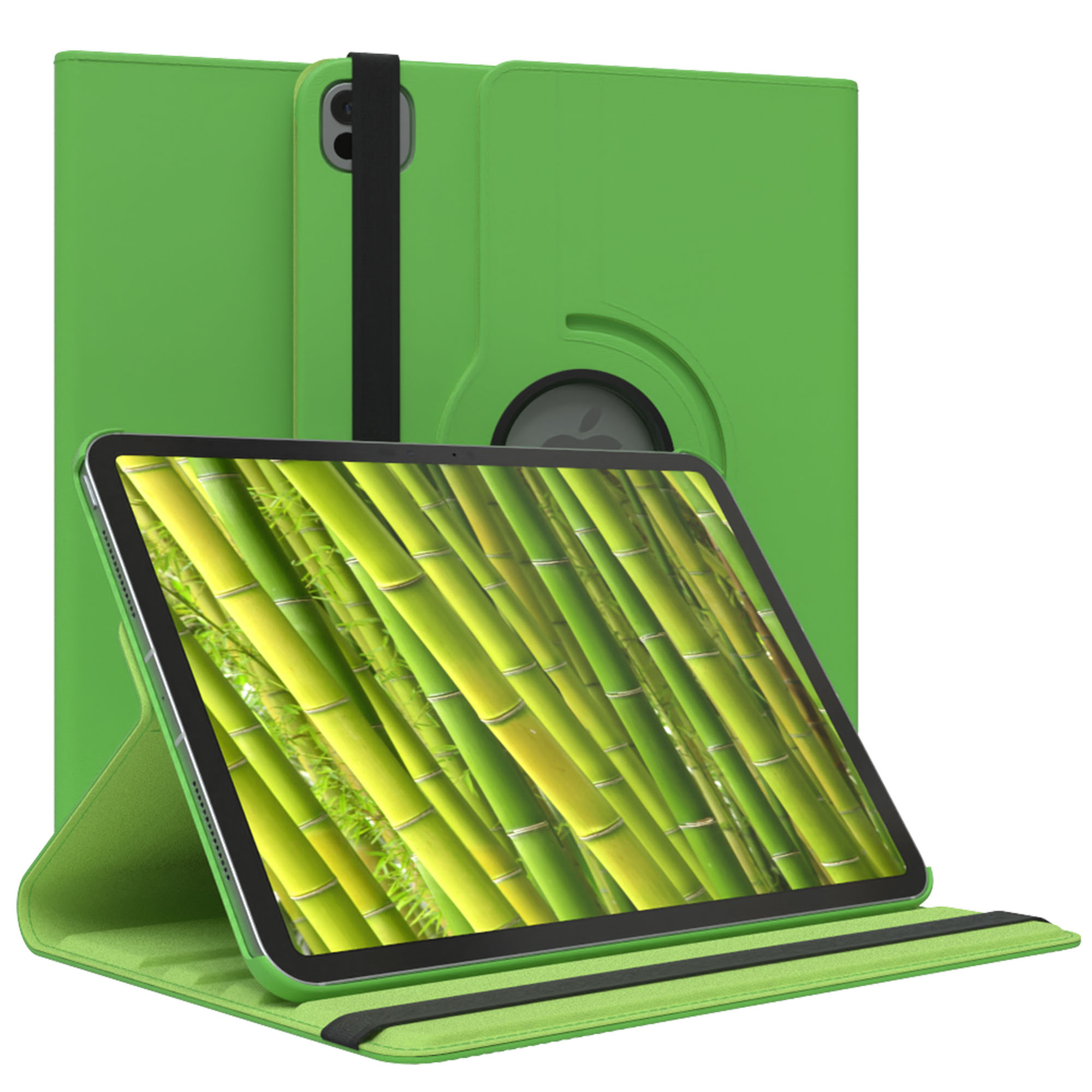 Grüne Tablet-Hülle mit iPad, das Bambus zeigt. Schwarzer Riemen und Apple-Logo sichtbar. Hülle ist gefaltet.