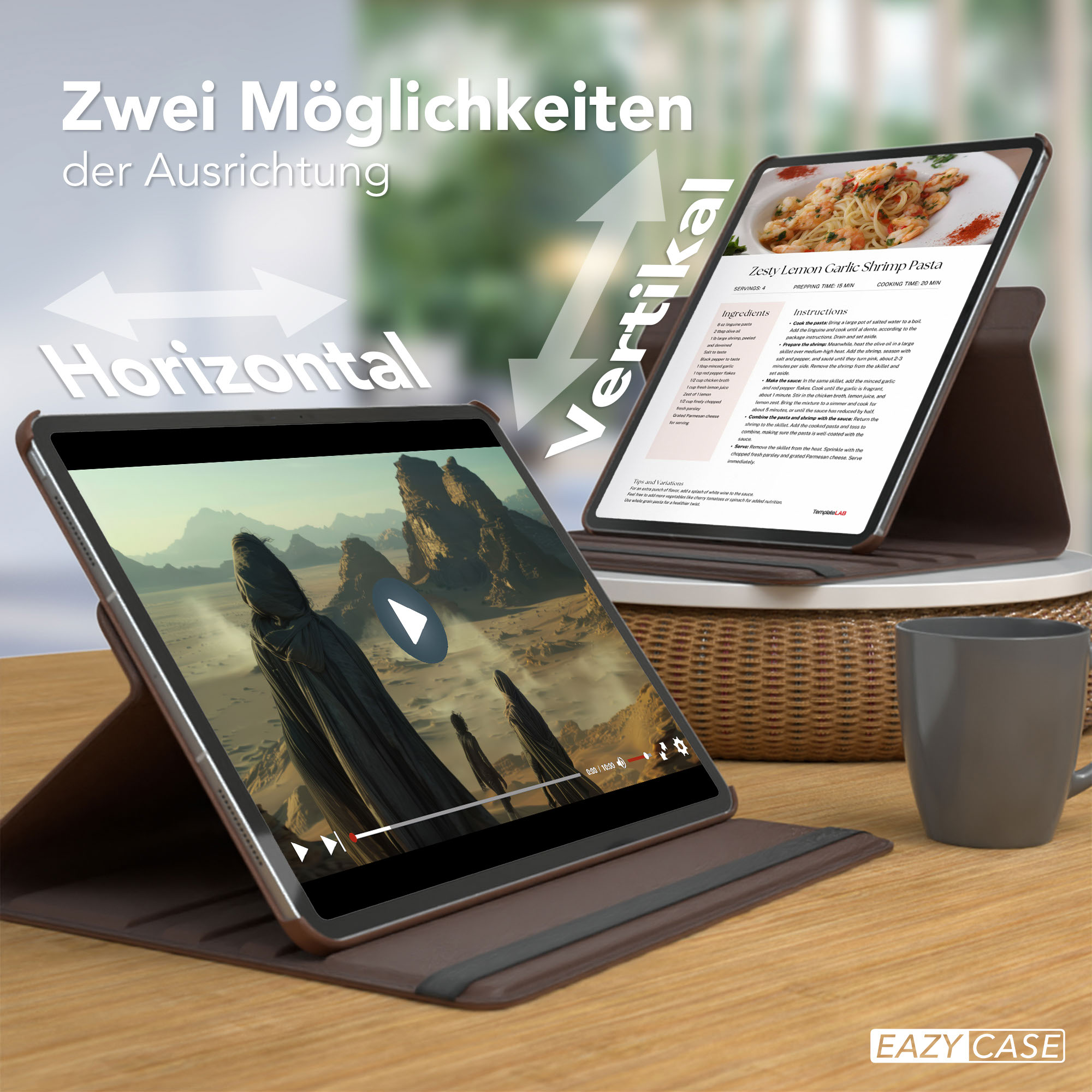 Tablets in vertikaler und horizontaler Position. Eines zeigt ein Rezept, das andere ein Video. Eine Tasse steht auf dem Tisch.