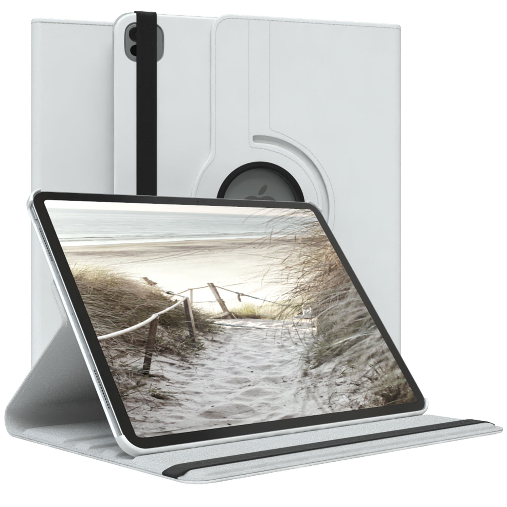 Tablet in weißem Gehäuse mit Strandmotiv. Gehäuse ist offen und zeigt den Bildschirm. Schwarzer Riemen hält das Tablet.