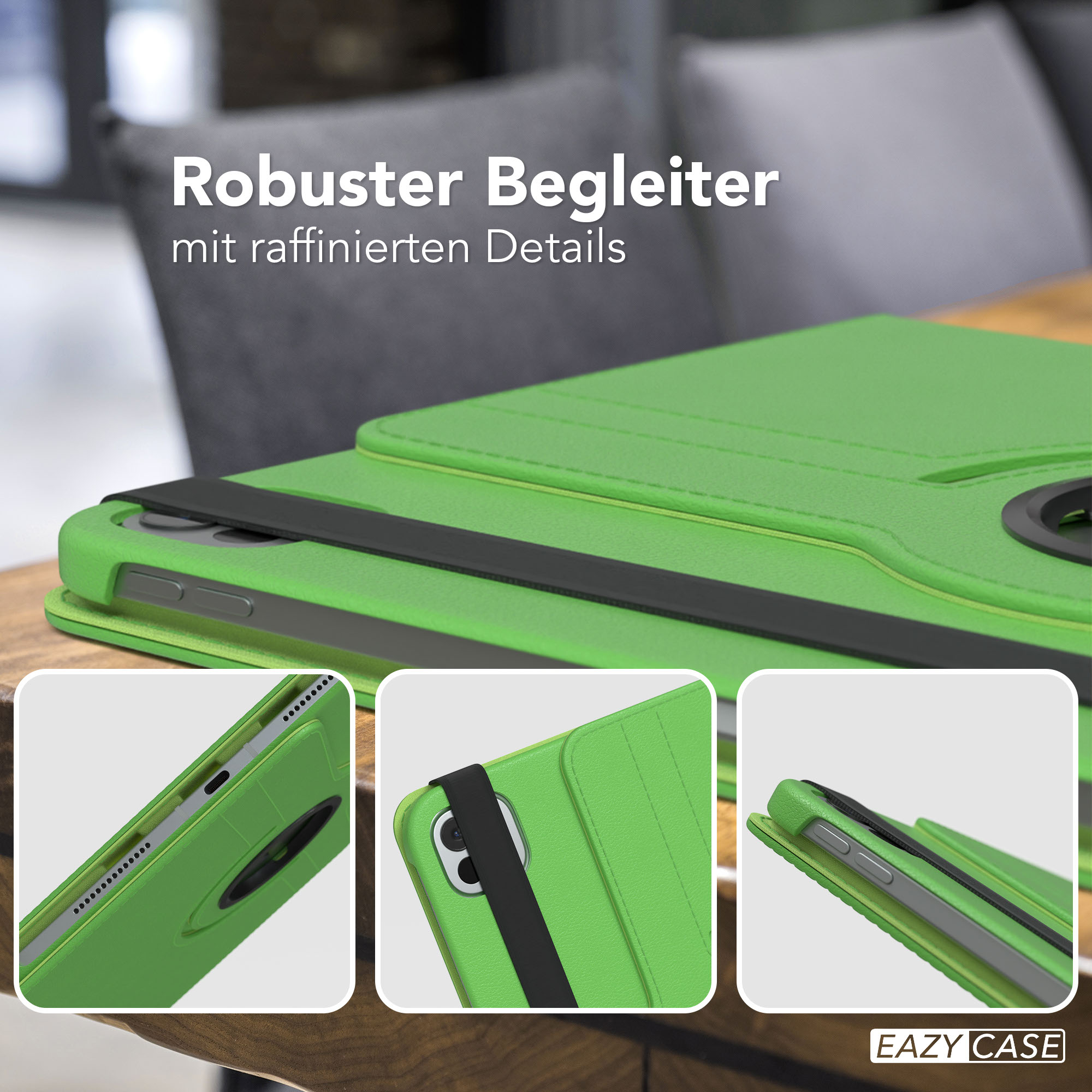 Grüne Tablet-Hülle mit schwarzem Riemen, drei kleinere Bilder darunter. Text: Robuster Begleiter mit raffinierten Details.