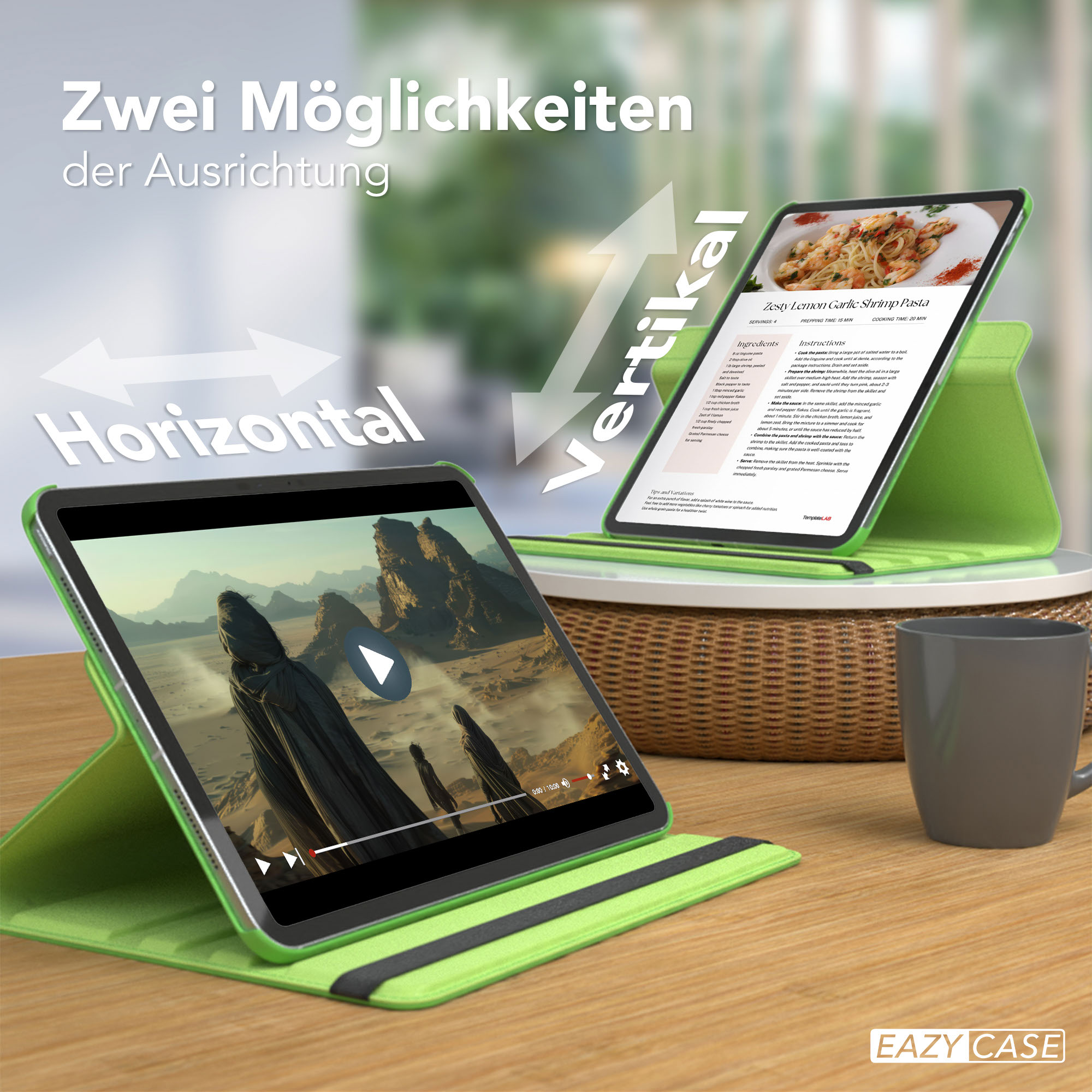 Tablets in grünen Hüllen, horizontal und vertikal, mit Kochrezept und Videowiedergabe. Pfeile zeigen die Ausrichtung.