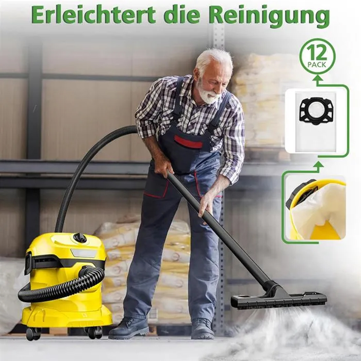 Ein älterer Mann benutzt einen gelben Staubsauger. Die Szene hat einen weißen Dampfeffekt. 12 Staubsaugerbeutel sind abgebildet.