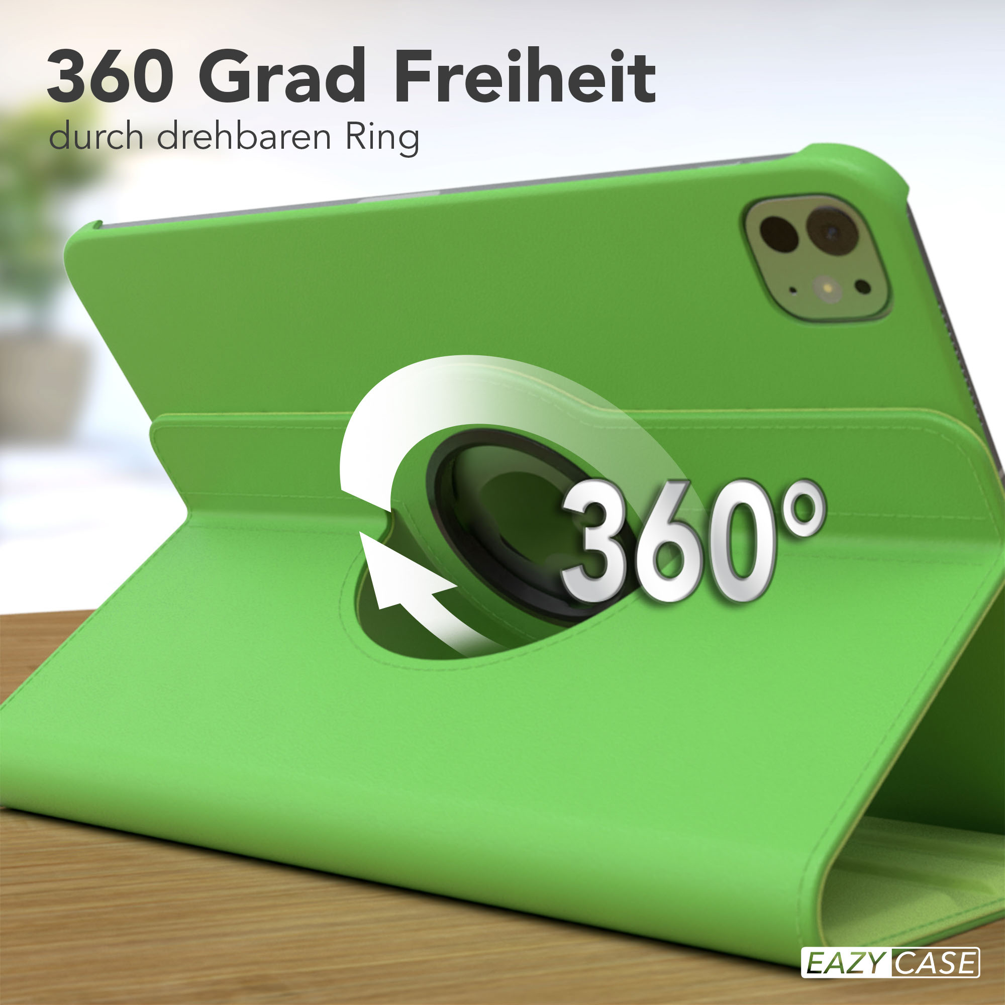 Grüne Tablet-Hülle mit 360-Grad-Drehfunktion, weißem Pfeil und Text. Die Hülle liegt auf einer Holzoberfläche.
