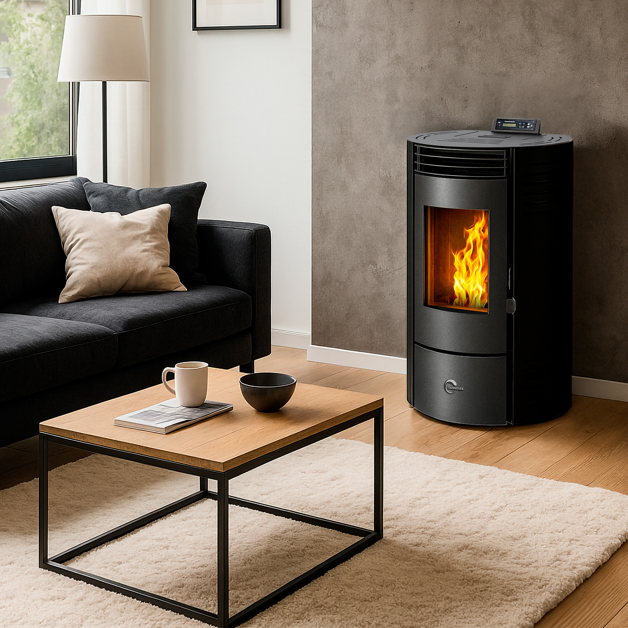 Ein modernes Wohnzimmer mit schwarzem Sofa, Holztisch und brennendem Kamin. Ein Teppich und eine Lampe sind ebenfalls vorhanden.