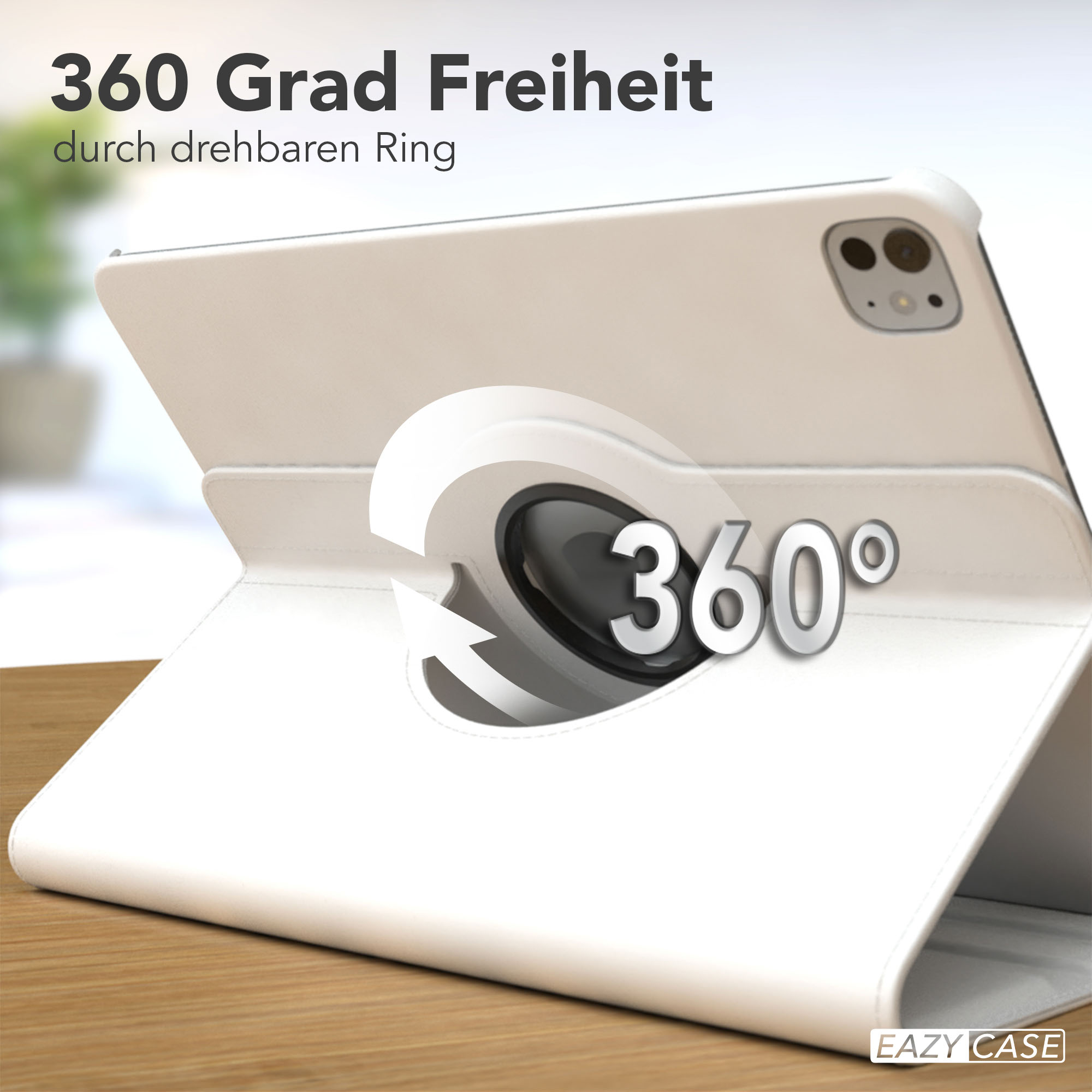 Weißes iPad-Case mit 360-Grad-Drehfunktion. Der Text auf dem Bild lautet '360 Grad Freiheit'. Die Marke ist Eazy Case.