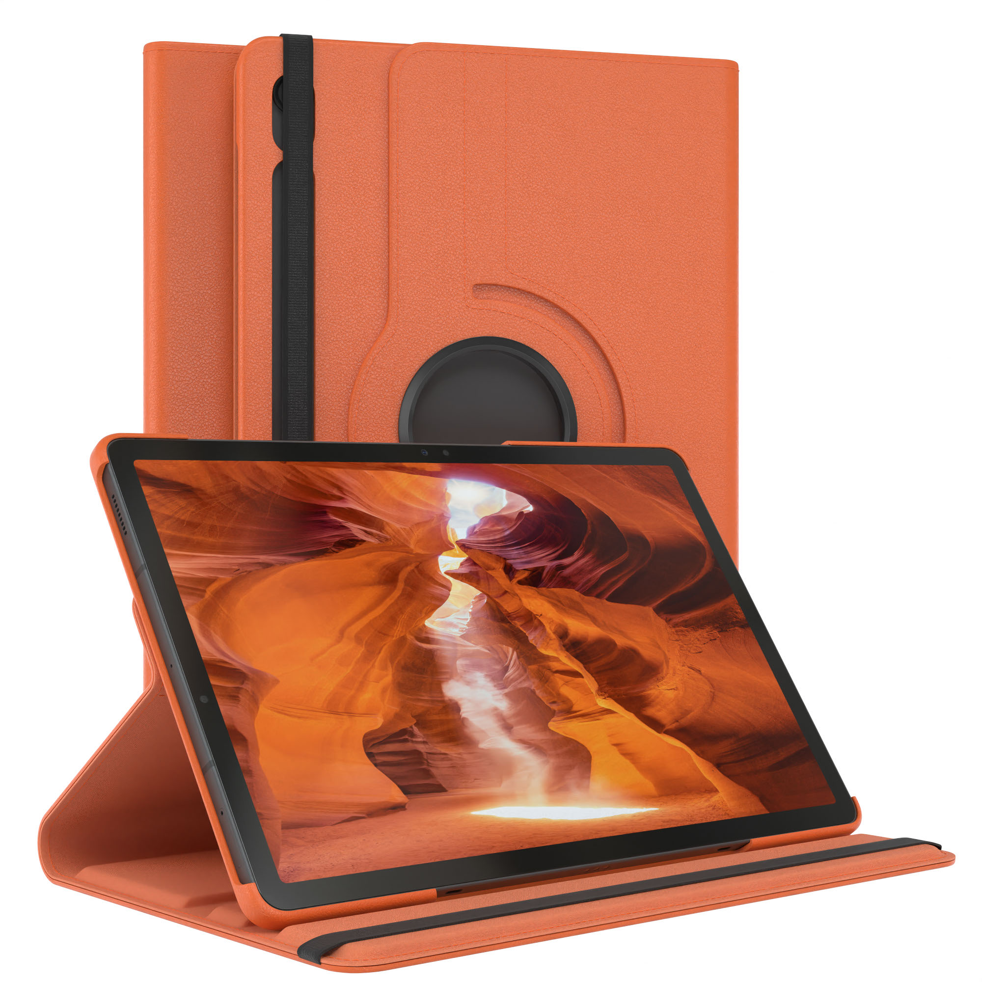 Tablet in orangefarbener Hülle. Das Tablet zeigt ein Canyongebild. Die Hülle ist offen. Im Hintergrund ist eine geschlossene Hülle.