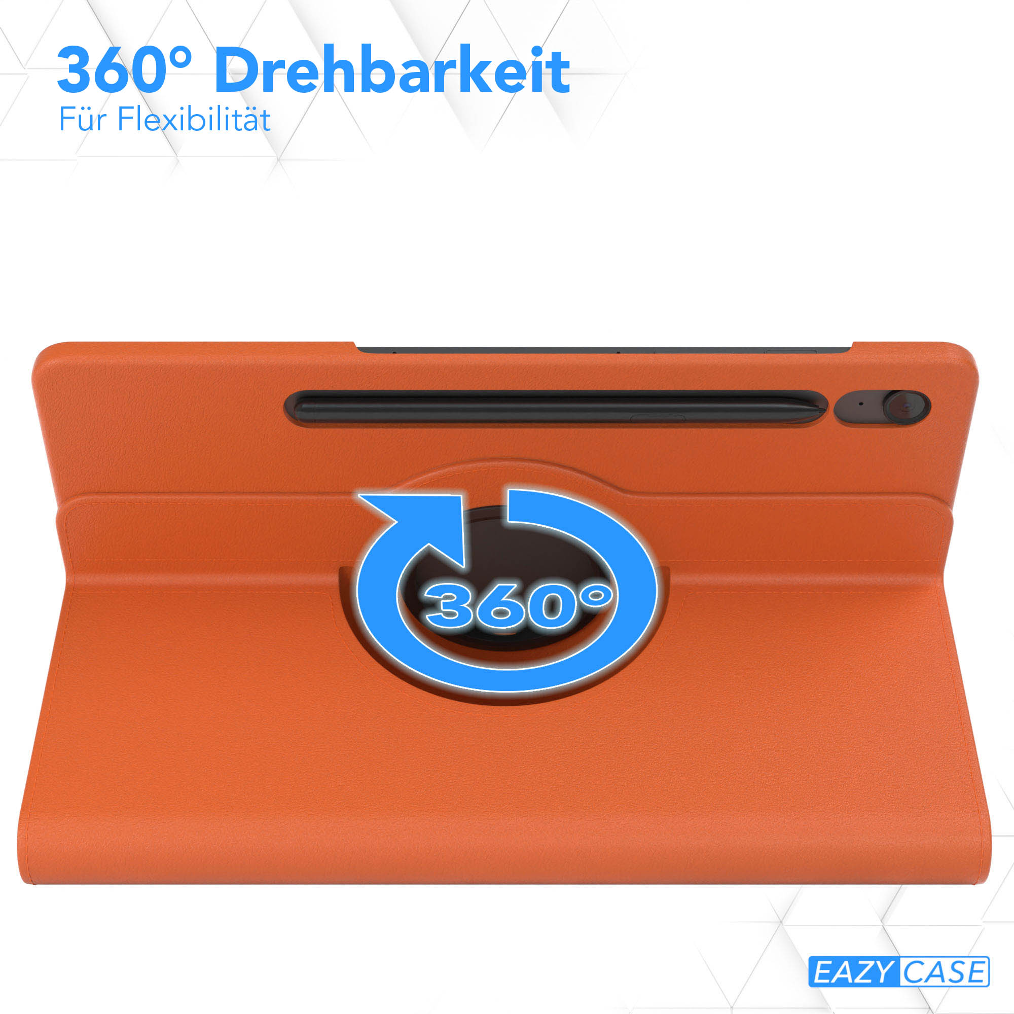 Orangene Tablethülle mit 360°-Rotationssymbol. Text lautet '360° Drehbarkeit' und 'Für Flexibilität'. Eazy Case Logo sichtbar.
