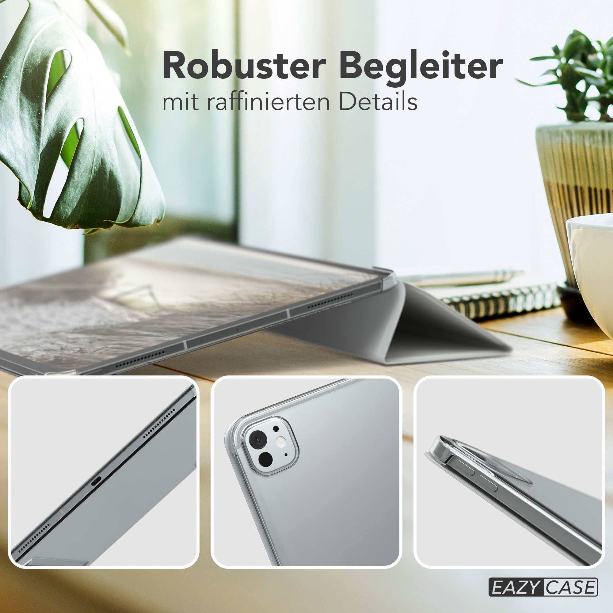 Ein Tablet in einer grauen Hülle auf einem Holztisch. Das Bild zeigt Details der Hülle und ihrer Teile.