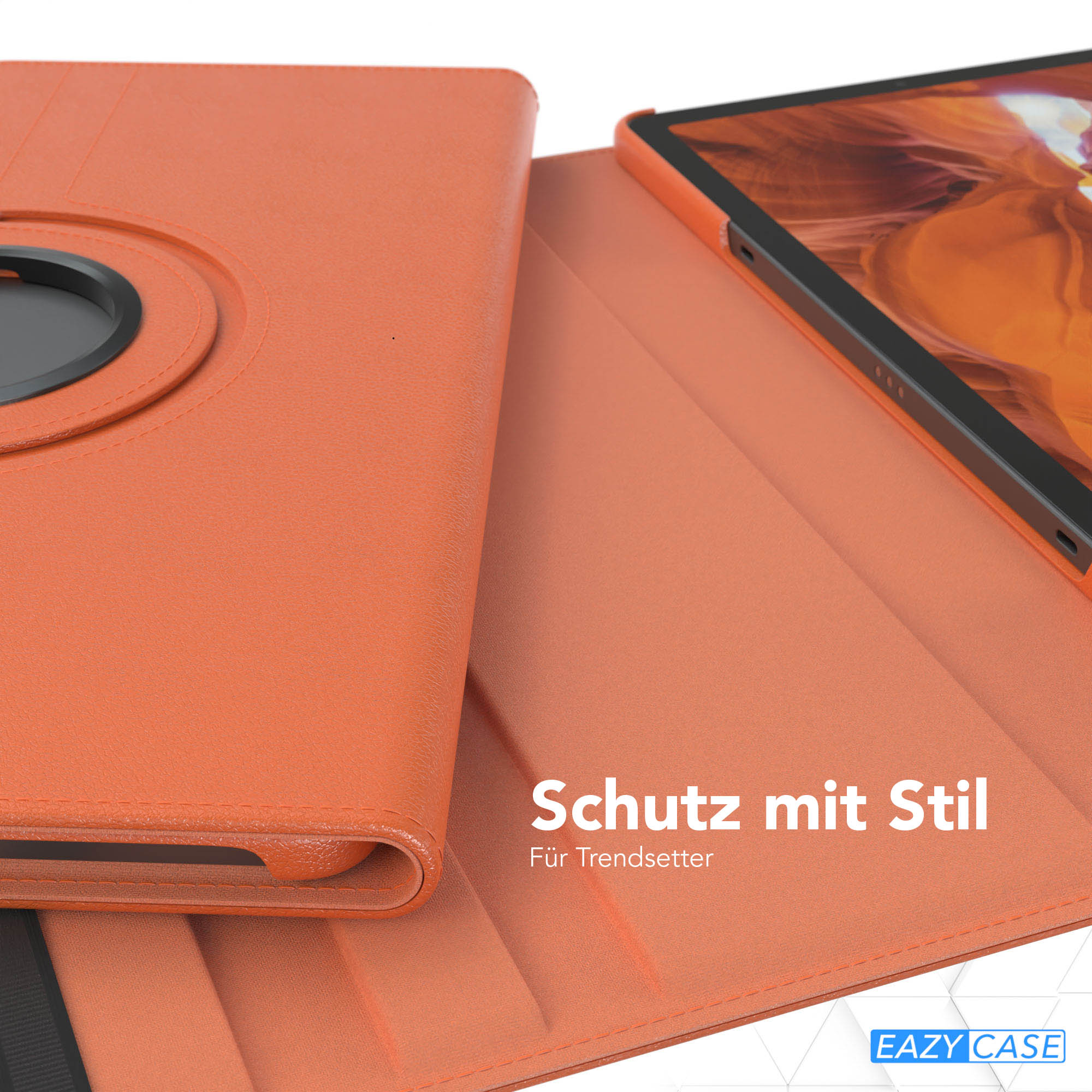 Geöffnete orangefarbene Tablethülle mit Tablet darin. Text 'Schutz mit Stil' auf der Hülle. Eazy Case Logo sichtbar.