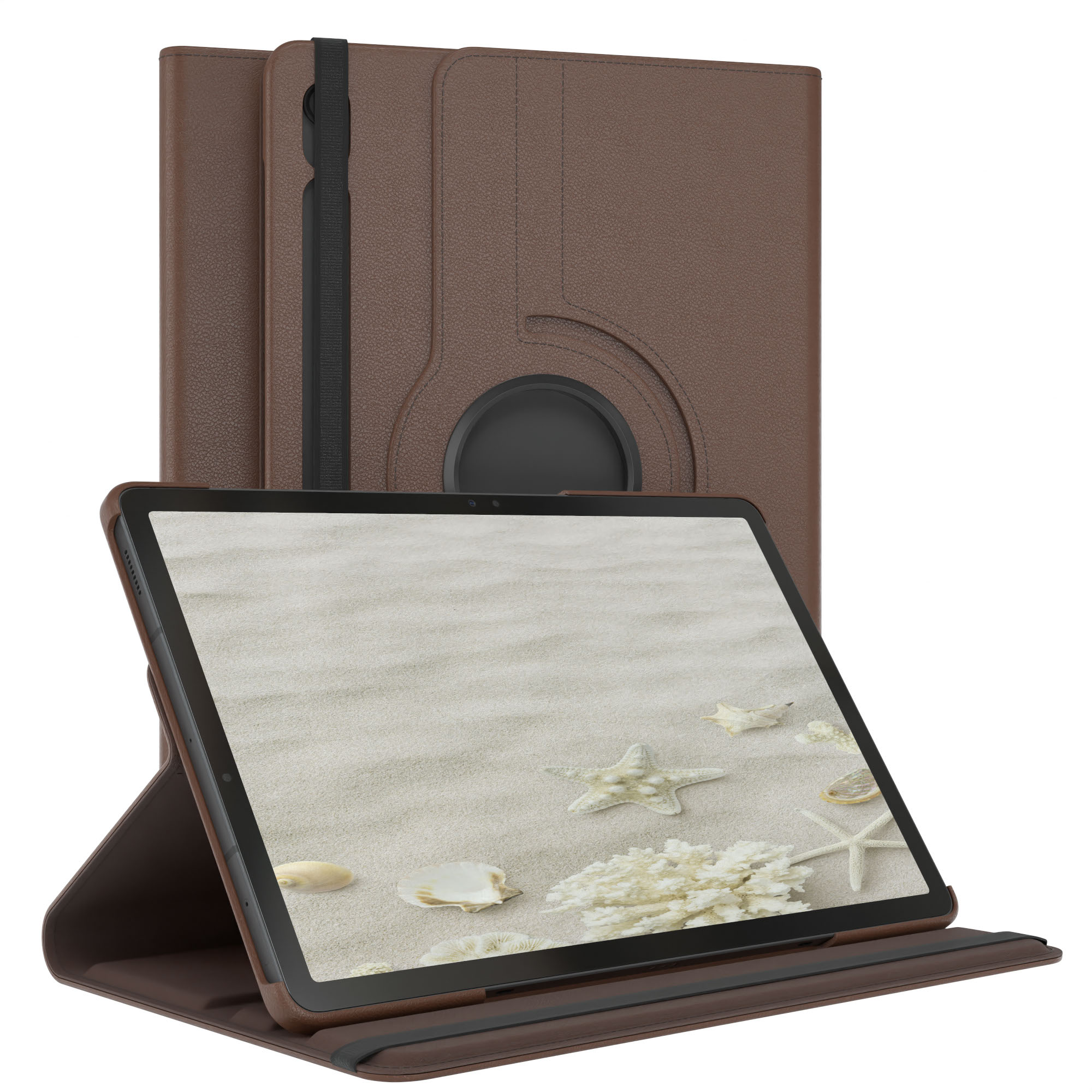 Tablet in brauner Lederhülle. Der Bildschirm zeigt eine Strandszene mit Sand, Seesternen, Muscheln und Korallen.