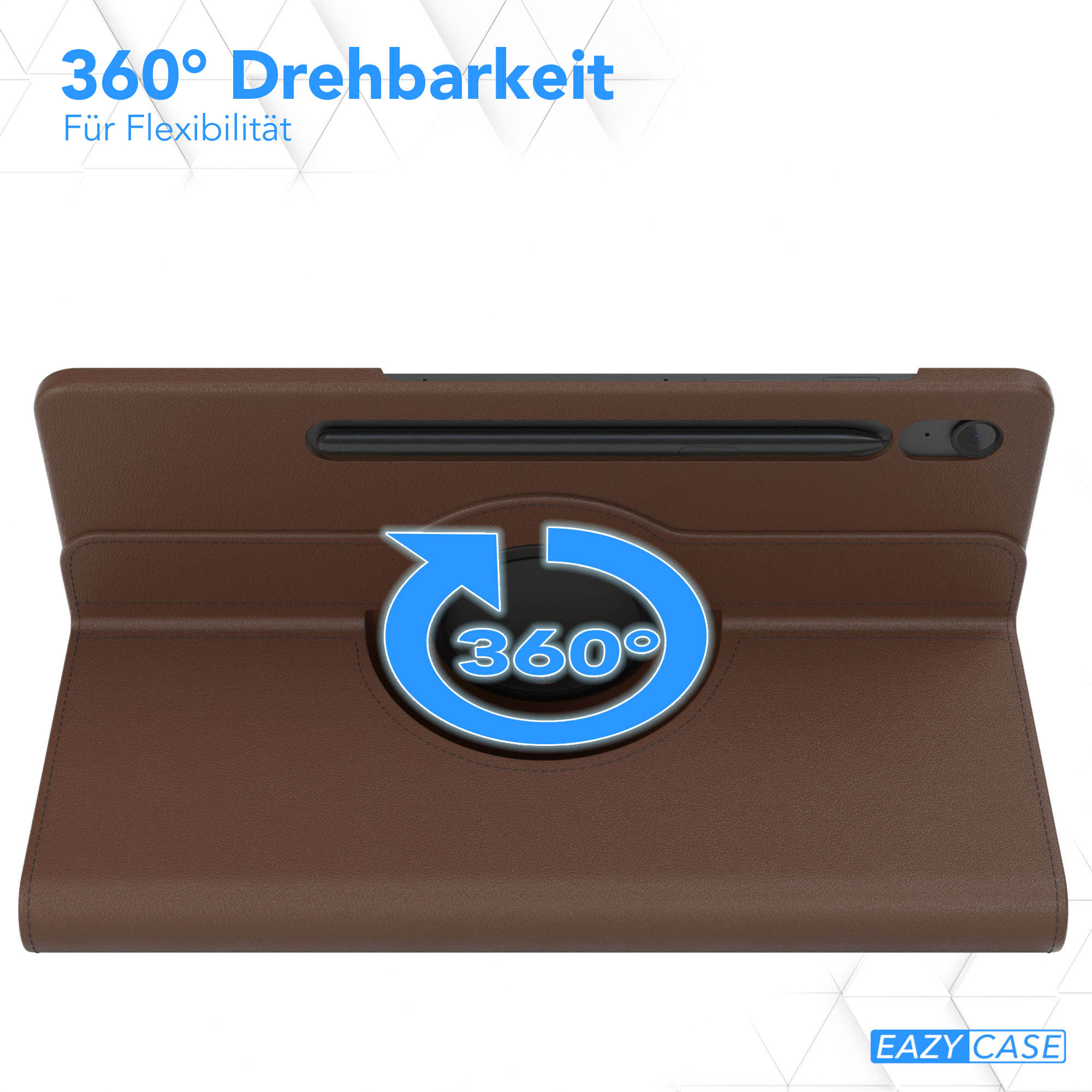 Eine braune Tablethülle mit 360-Grad-Drehfunktion. Oben steht '360° Drehbarkeit' für Flexibilität.